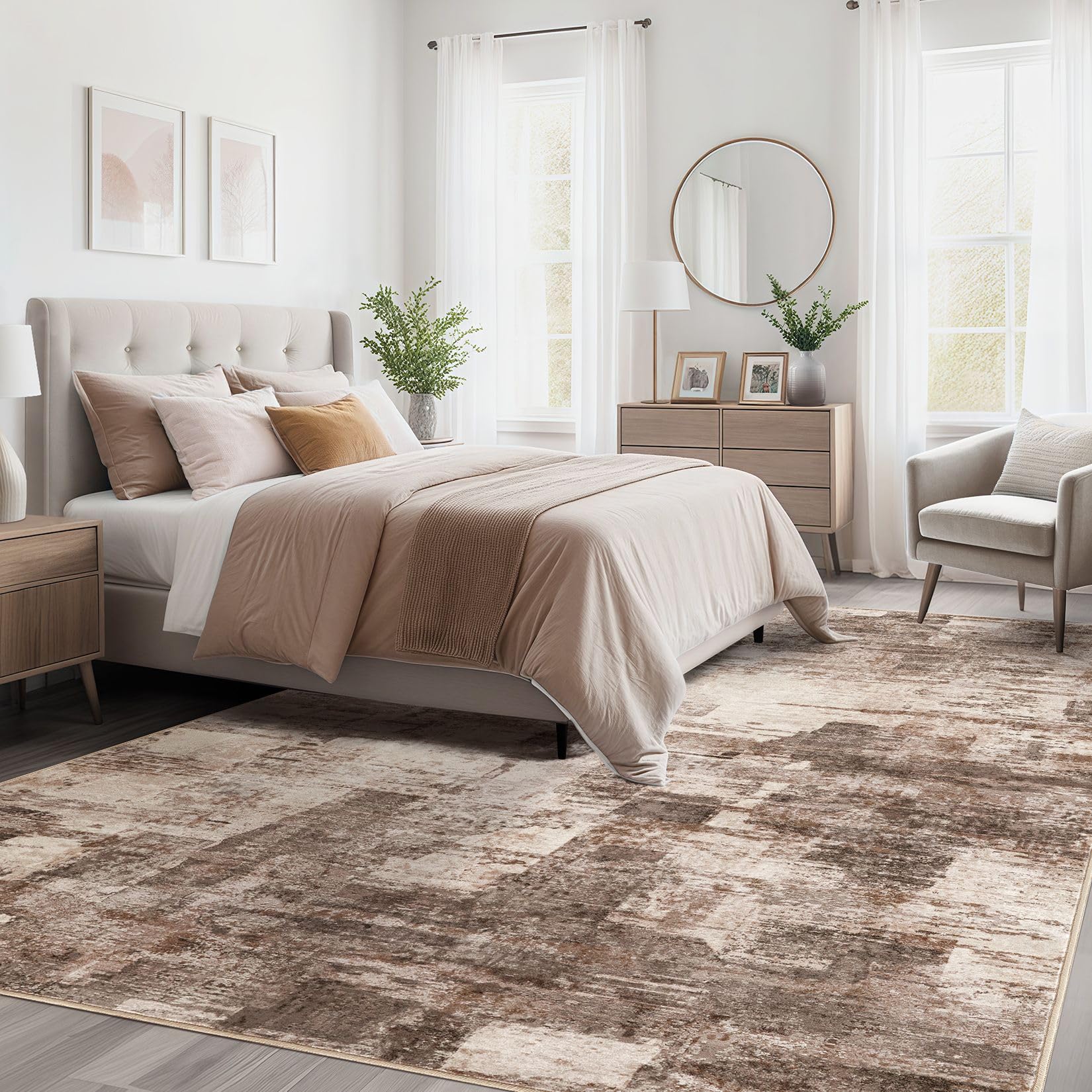 10x14 Abstract Modern Washable Area Rug - Soft Thin Neutral Brown Carpet for Living Room, Bedroom, Dining Table, Home Office, Playroom & Nursery - Perfect for Contemporary Home Decor & High Traffic Areas