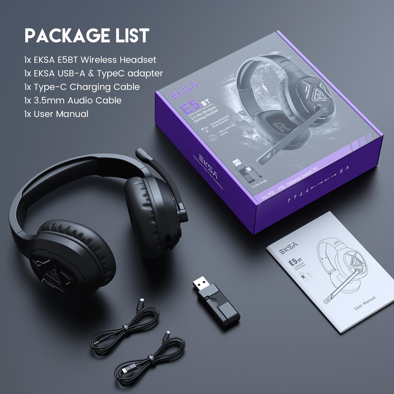 EKSA 2.4GHz Wireless Gaming Headset with Noise Canceling Mic - Compatible with PS5, PS4, PC, Switch, Mac, Laptop & Mobile - 52H Battery Life, USB/Type-C Connectivity - Perfect for Online Gaming, Streaming & Remote Work