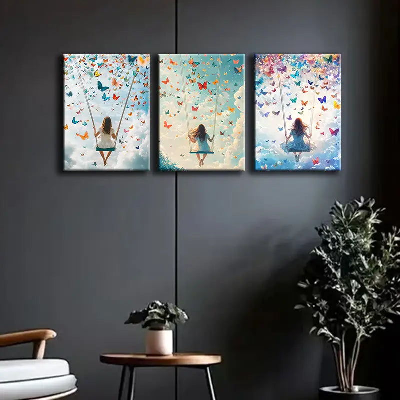 3-Piece 'A Girl on a Swing' Metal Wall Art Prints - Ready to Hang Modern Home Decor for Living Room, Bedroom & Office