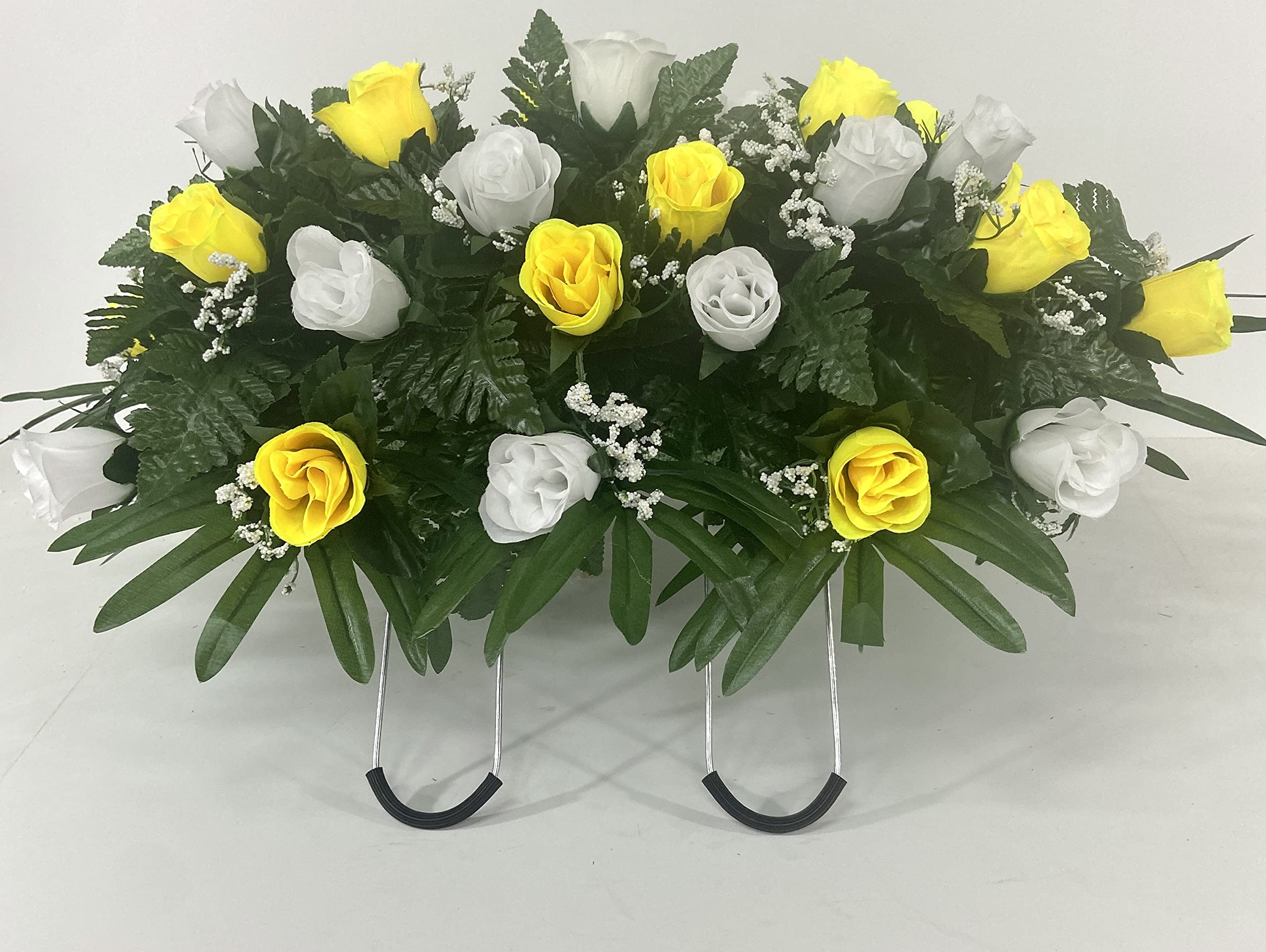 Yellow and White Rose Headstone Saddle - Cemetery Grave Decor with Summer Flowers for Gravesite - Sympathy Floral Arrangement for Memorials, Funerals & Grave Visits