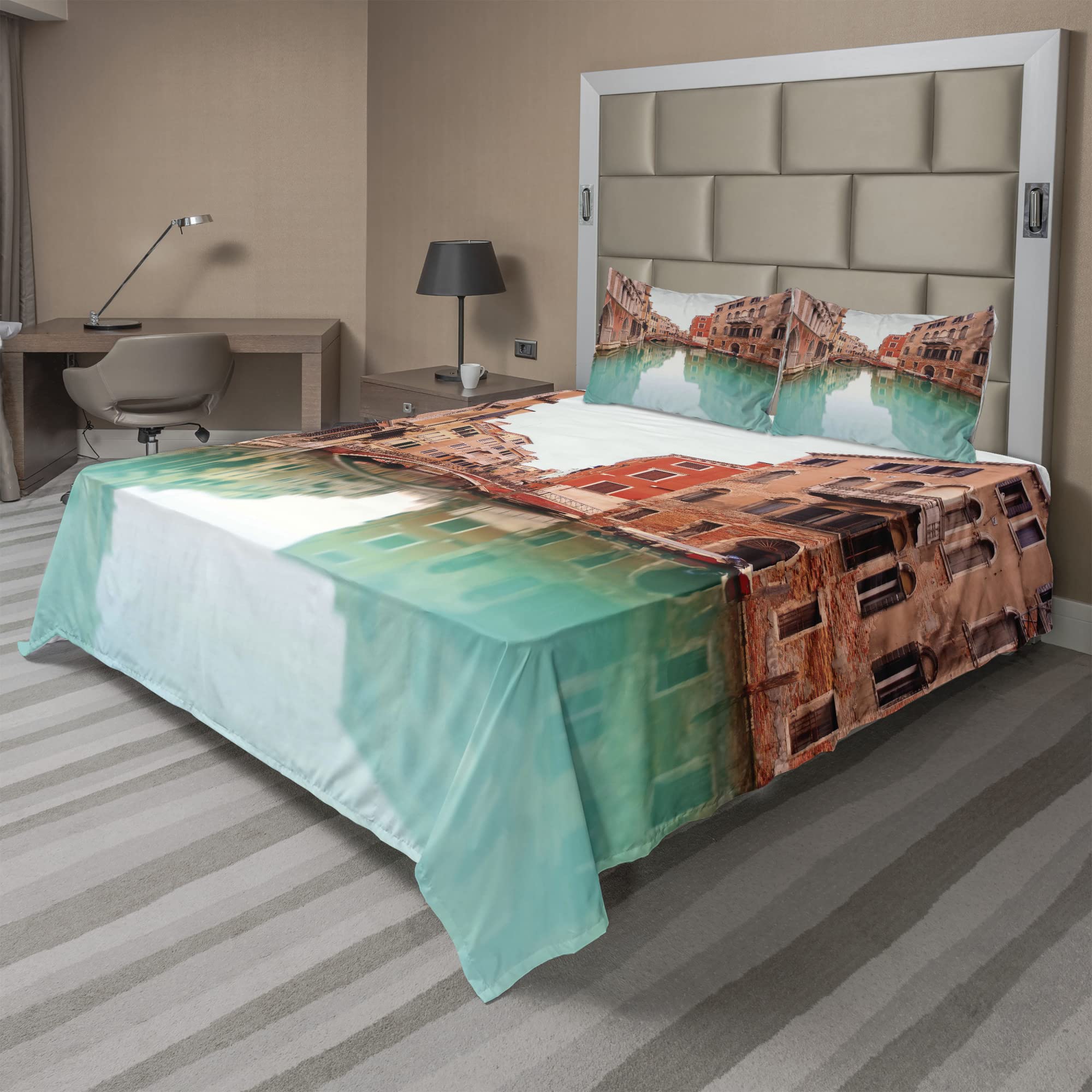 Ambesonne Venice 4-Piece King Sheet Set - Turquoise Cinnamon Water Canal & Bridge Venetian Architecture Design with Boat | Luxury Bedding for Master Bedroom, Guest Room & Vacation Homes