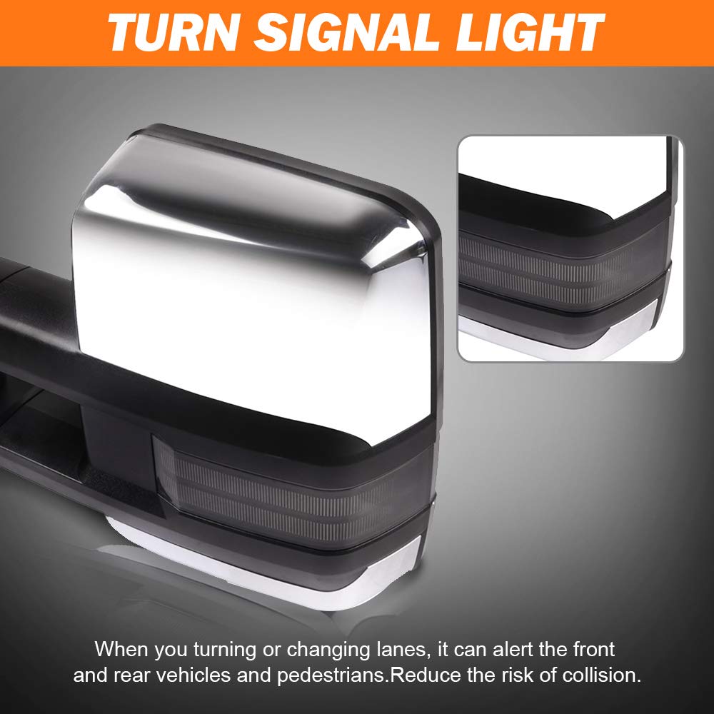 ROADFAR Towing Mirrors for GMC Sierra 2500/3500 HD (2015-2019) - Power Adjustable Heated LED Signal Mirrors with Puddle Light & Chrome Housing | Perfect for Towing, Camping & Heavy-Duty Truck Accessories