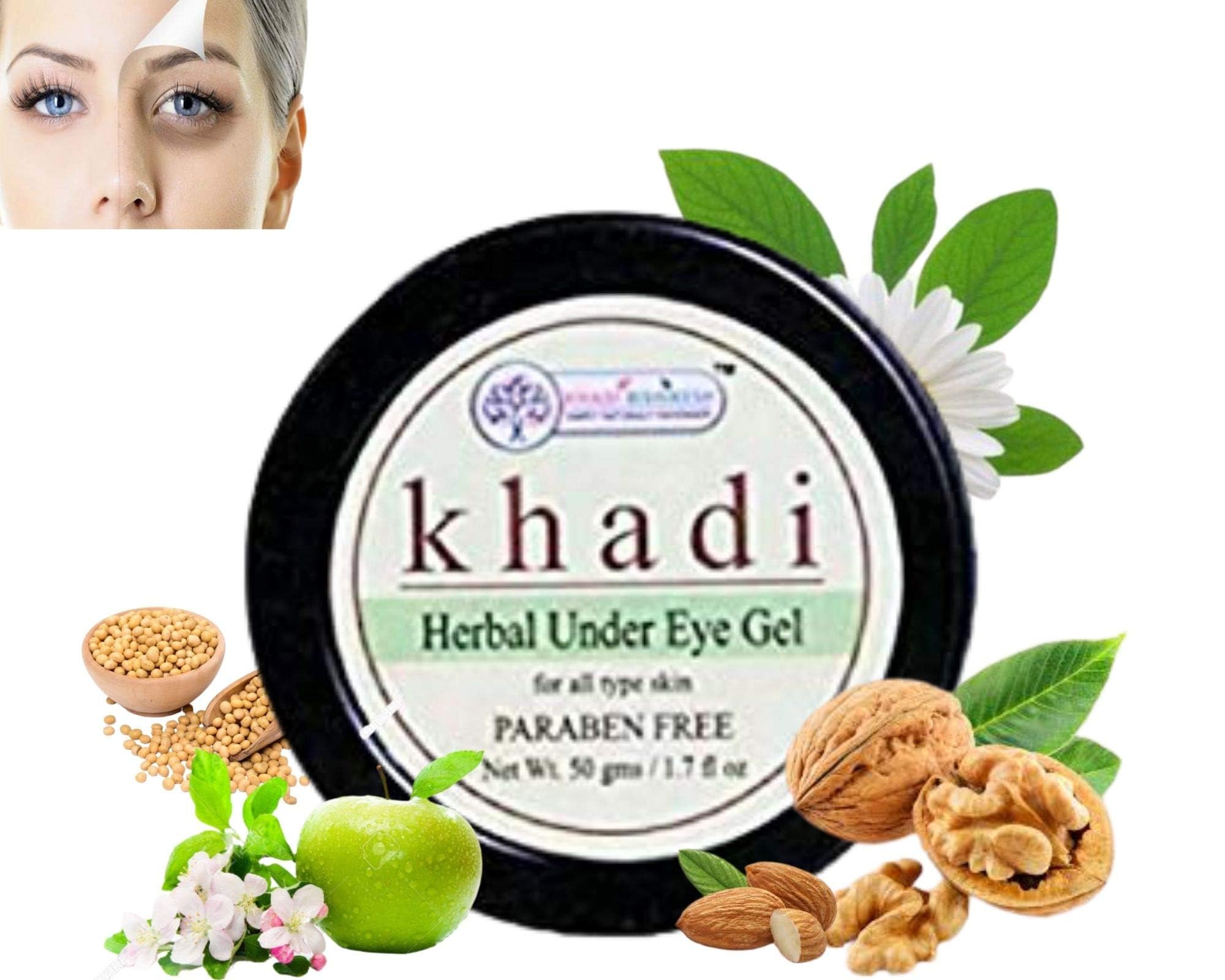 Khadi Rishikesh Under Eye Cream Gel - Dark Circle Reduction with Olive Oil & Aloe Vera - Reduces Puffiness & Fine Lines - 50g Unisex (Free Rumal) - Perfect for Night Care & Travel Skincare Routine
