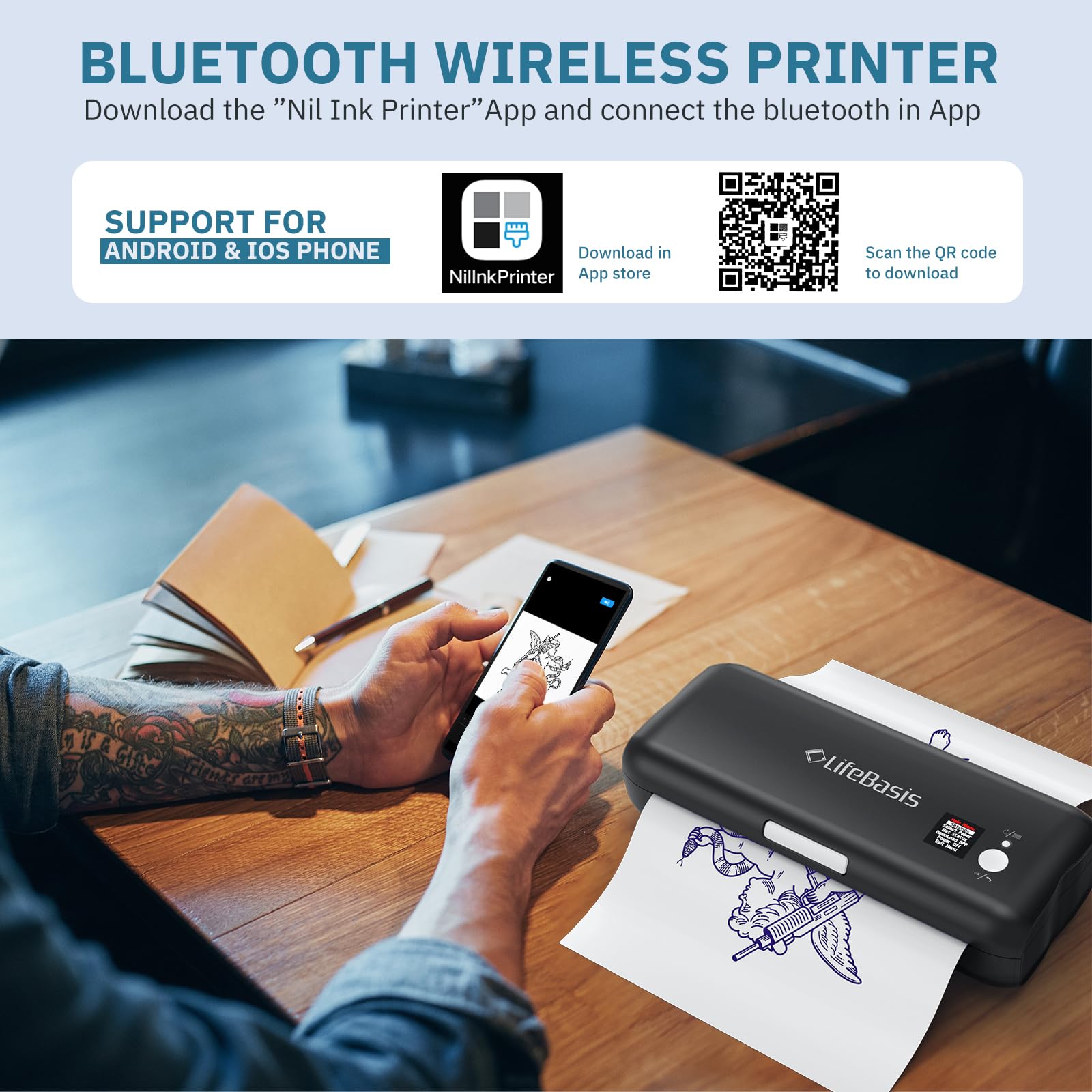 LifeBasis Bluetooth Tattoo Stencil Printer - Wireless Thermal Tattoo Transfer Machine with 30PCS Stencil Paper, Compatible with iOS & Android - Perfect for Tattoo Artists & Home Tattoo Kits