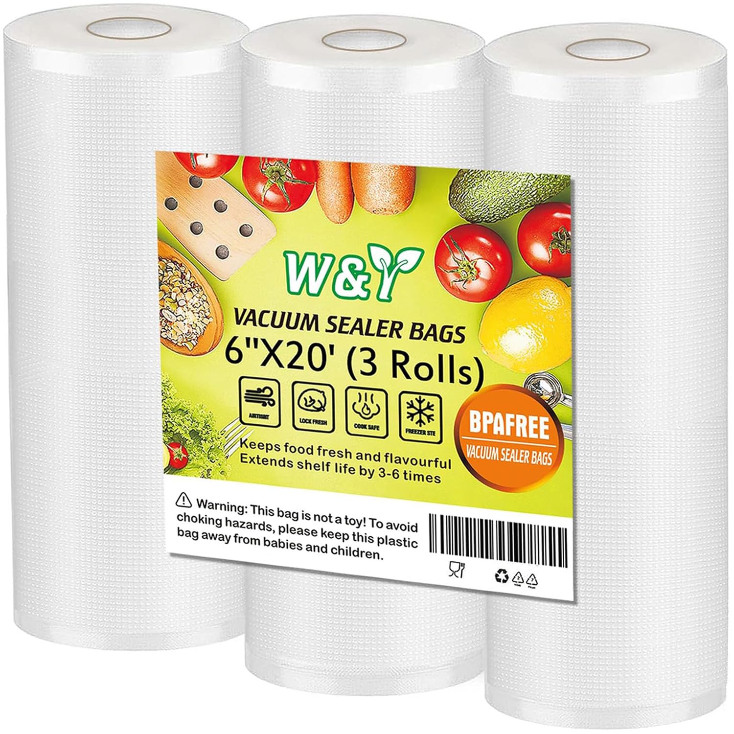 W&Y Vacuum Sealer Rolls 6” x 20’ - 3 Pack BPA-Free Commercial Grade Embossed Vacuum Sealer Bags for Freezer Storage, Sous Vide Cooking & Food Preservation | Ideal for Meal Prep, Long-Term Food Storage & Kitchen Organization