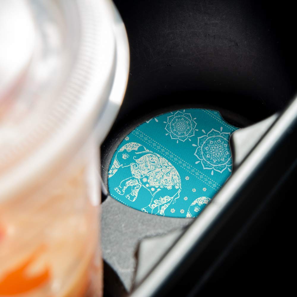 Blue Elephant Pattern Print Car Coasters Set of 2 - Absorbent Drink Coasters with Non-Slip Rubber Backing (2.56 Inch) - Perfect Car Accessories for Coffee, Soda & Water Bottles - Ideal for Road Trips, Commuting & Daily Driving