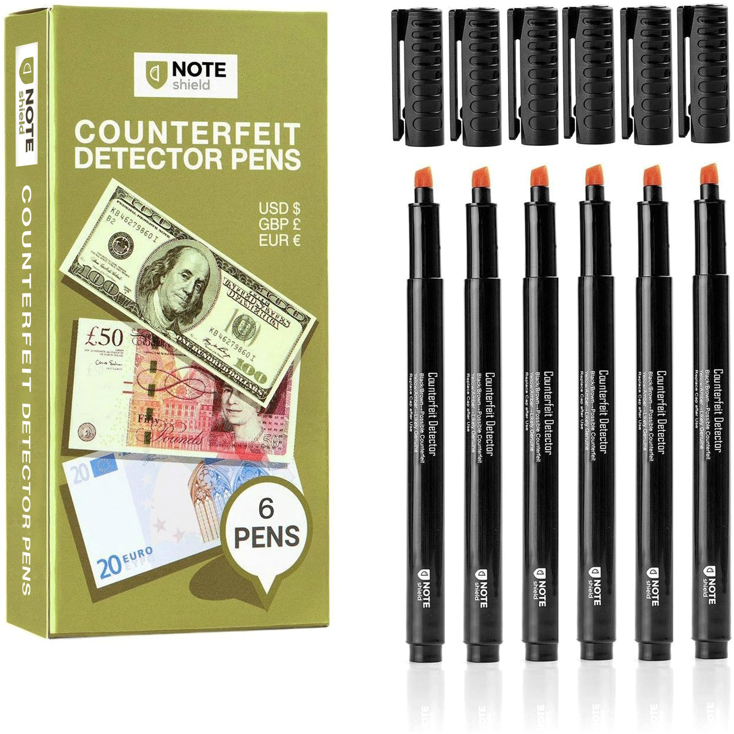 6-Pack Counterfeit Money Detector Pens - UV Light & Ink Test for Fake Bills, Banknotes, Currency - Ideal for Cashiers, Retailers & Small Businesses (Detect Counterfeit Money Easily)