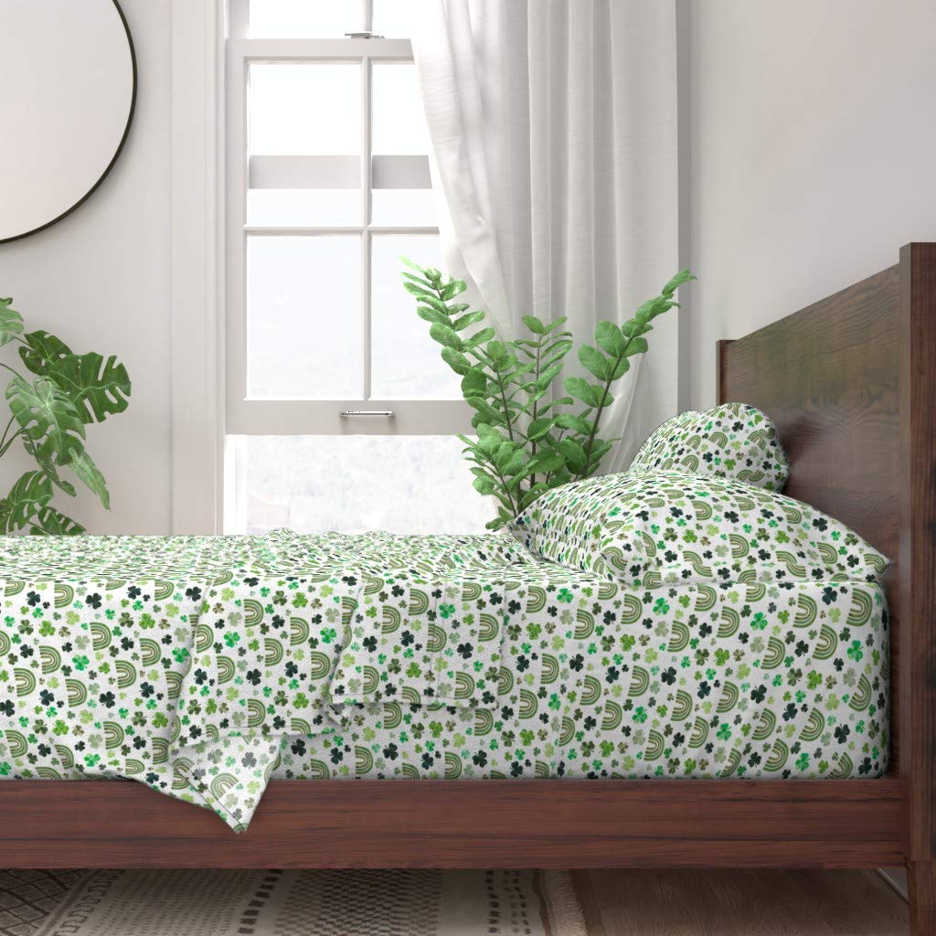100% Cotton Twin 3-Piece Sheet Set with Rainbow Shamrocks & Green Clover Watercolor Print - Soft Custom Bedding for Kids, Nursery & Holiday Decor | Breathable, Durable & Machine Washable