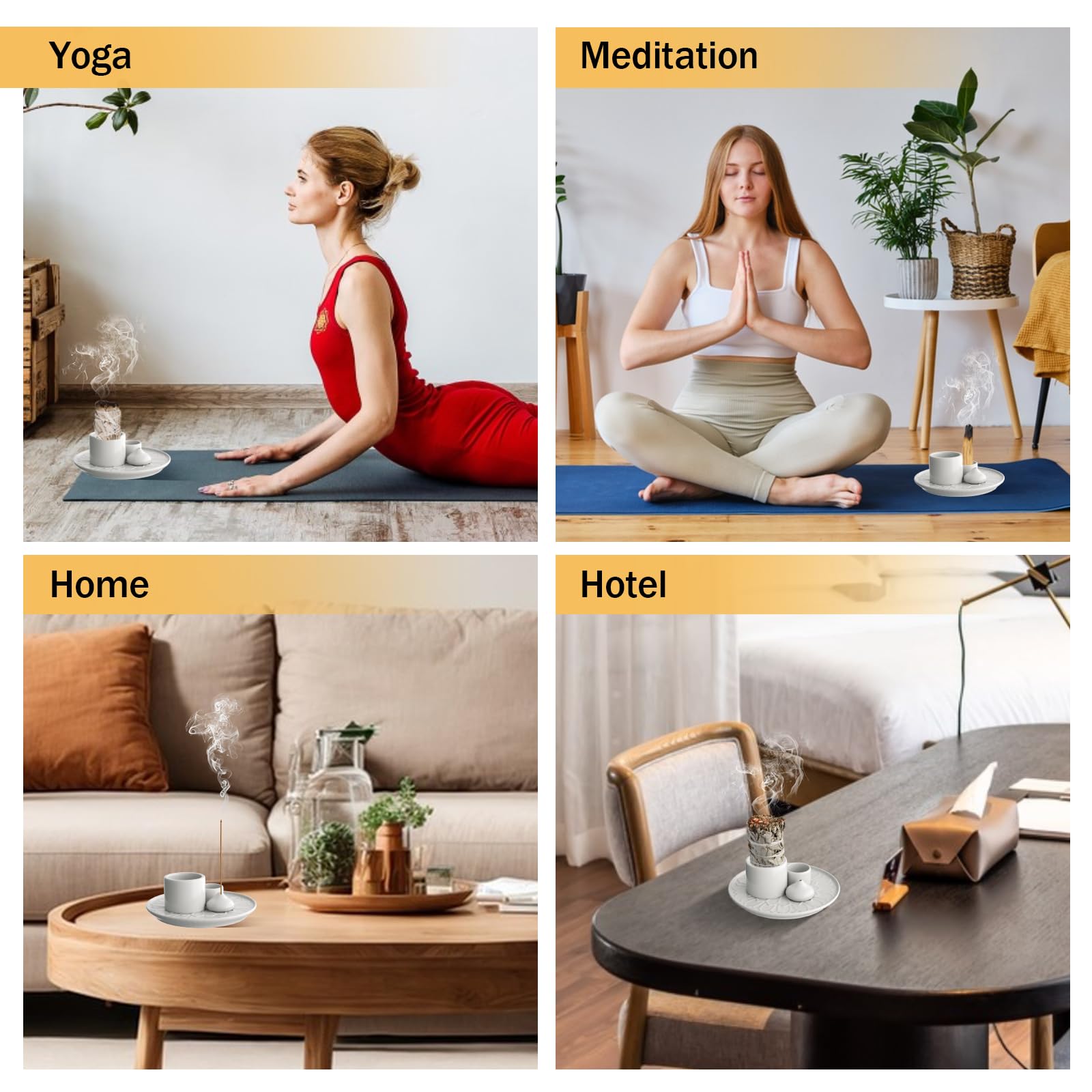 Palo Santo Holder - 4 in 1 Ceramic Incense & Candle Holder with Ash Catcher Tray - Meditation Room Decor for Yoga, Aromatherapy & Spiritual Healing - Easy Clean White Home Accessory