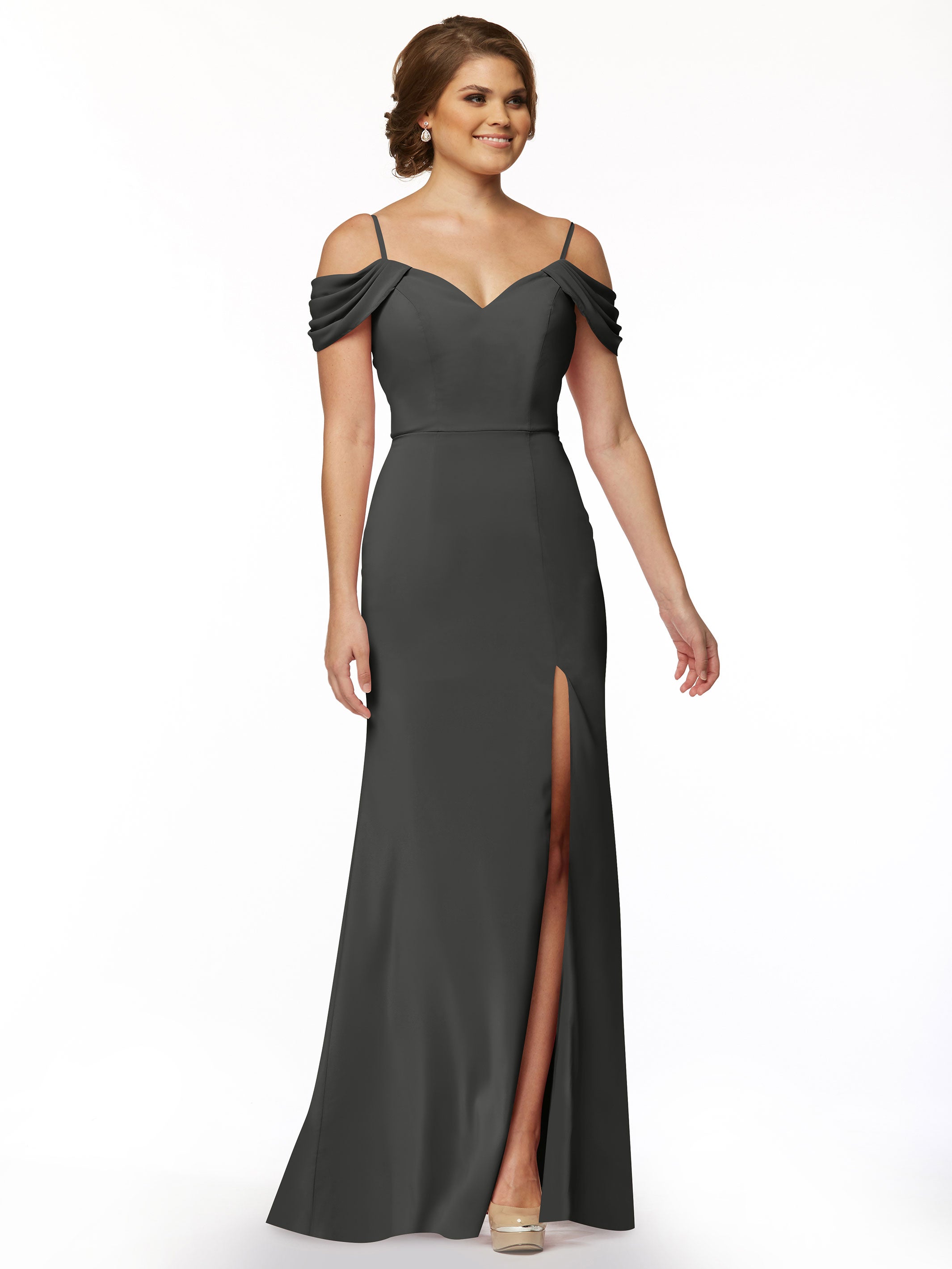 Elegant 83029 Stretch Chiffon Off-Shoulder Bridesmaid Dress with Thigh High Slit - Perfect for Weddings, Parties & Formal Events