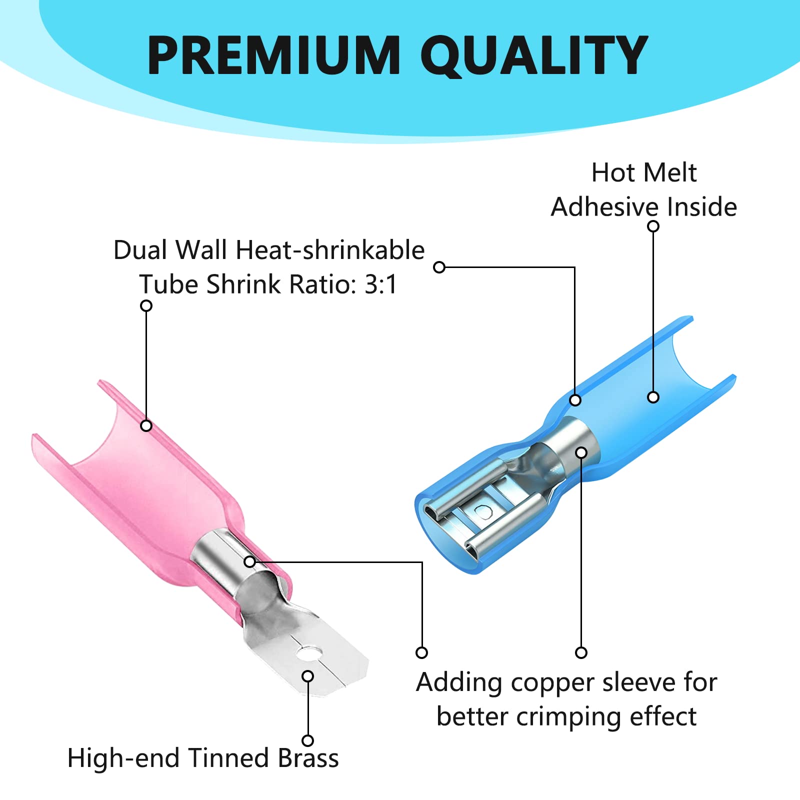 250 Pcs Heat Shrink Spade Connectors - Male & Female Insulated Quick Disconnect Electrical Terminals (22-10 AWG) for Automotive, Marine & Home Wiring Applications