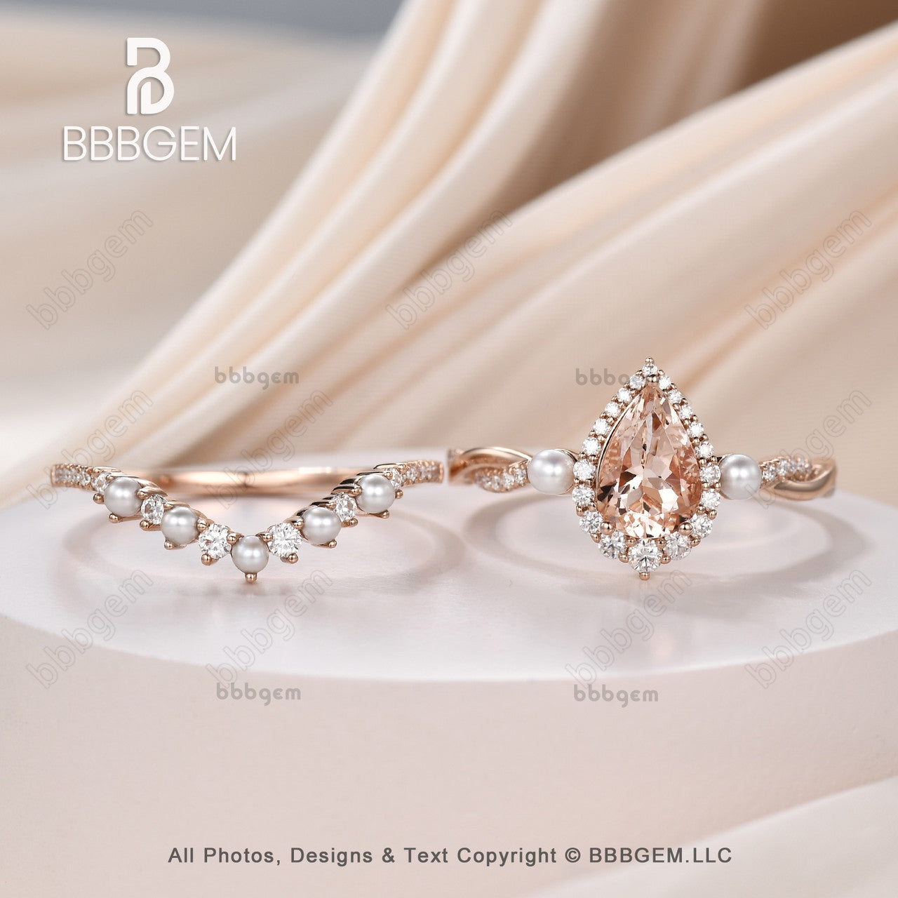 Vintage Pear Cut Natural Morganite & Pearl Three Stone Engagement Ring Set in 14k Rose Gold – Perfect for Weddings, Anniversaries, and Romantic Gifts