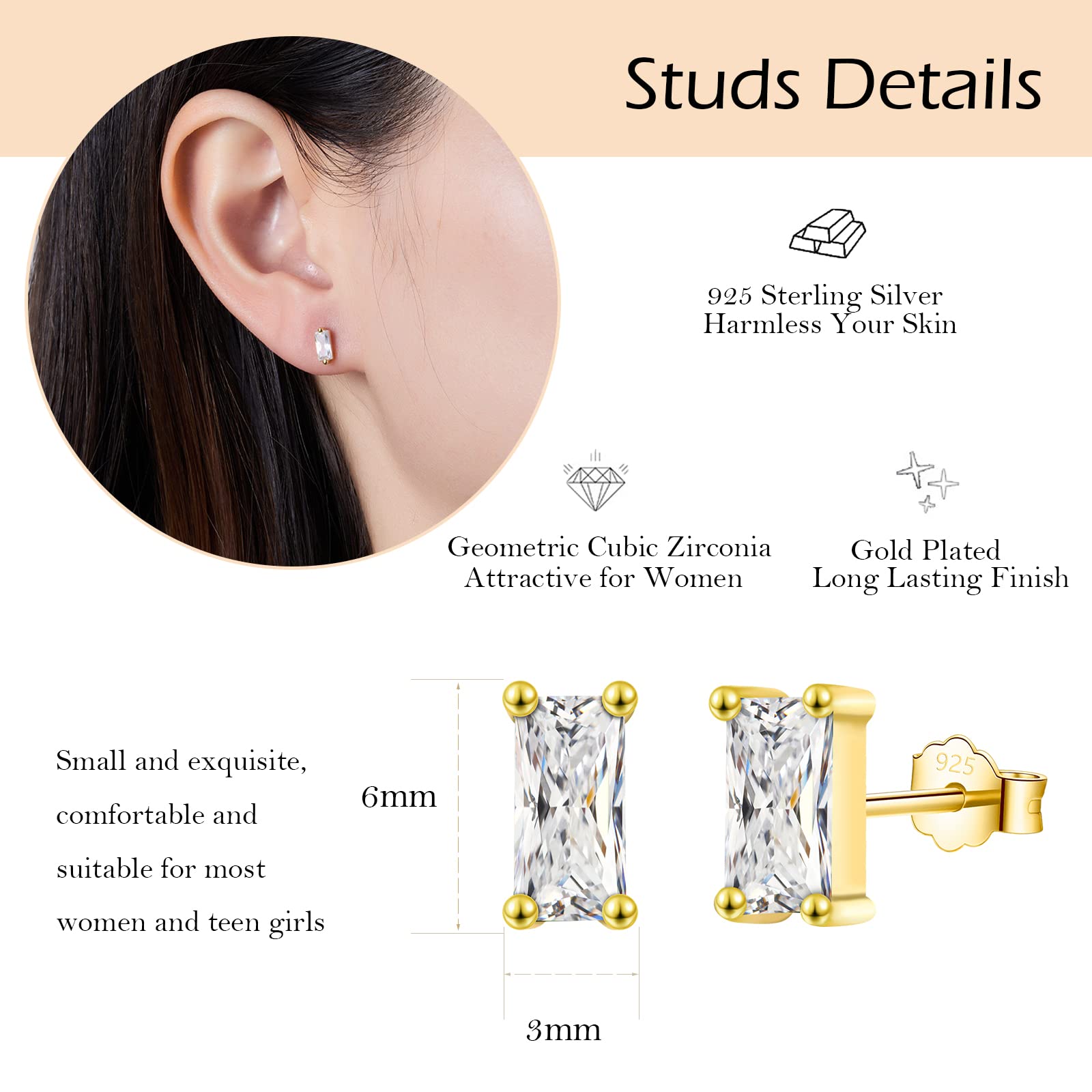 Hypoallergenic Sterling Silver Stud Earrings for Women - Small Square, Heart & Round Cubic Zirconia Stud Set | Perfect for Everyday Wear, Gift Giving & Special Occasions