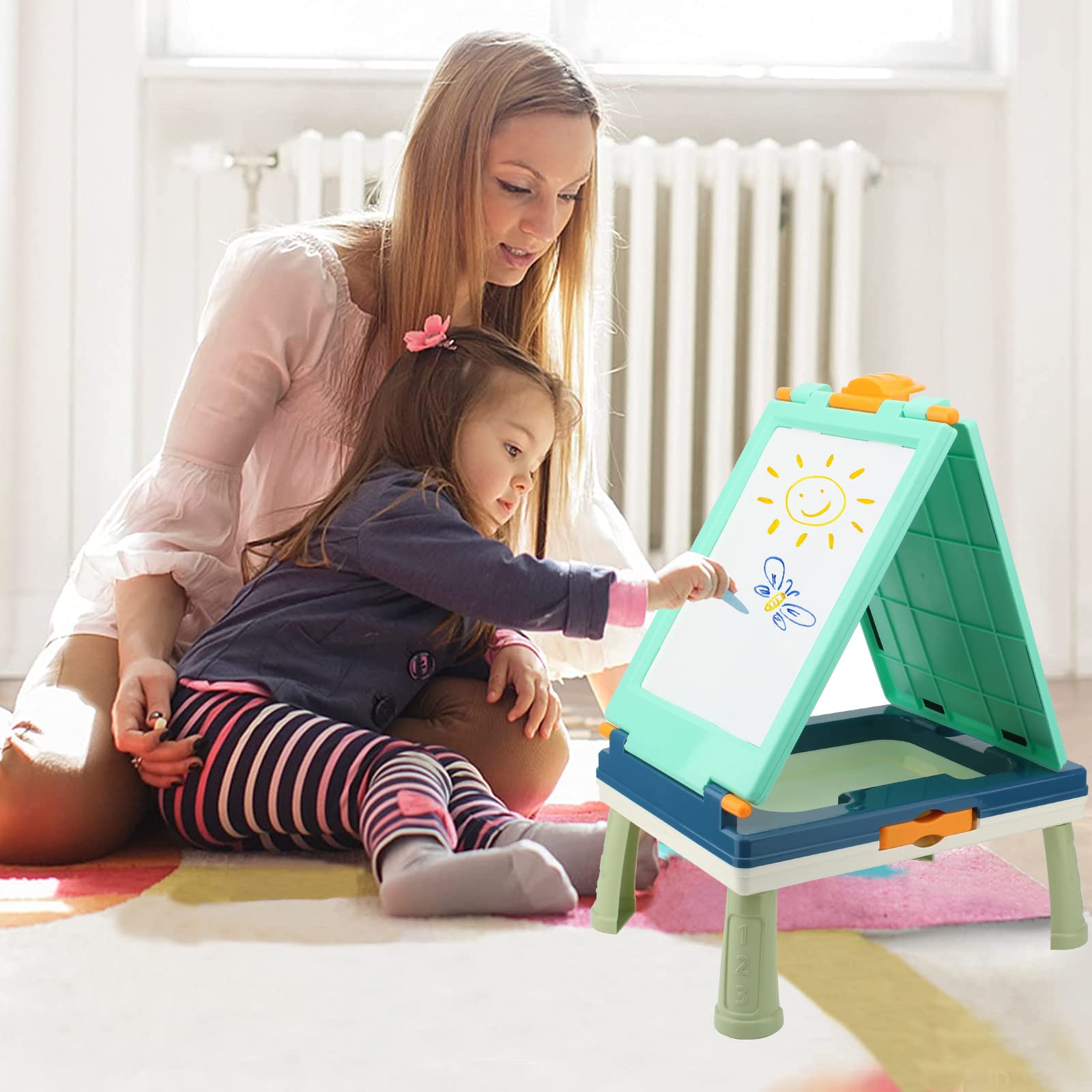 Double Sided Foldable Kids Table Art Easel with Chalkboard & Whiteboard - Portable Tabletop Drawing Stand for Boys & Girls - Includes Graffiti & Board Game Accessories (Blue) - Perfect for Home, Classroom & Travel Art Activities