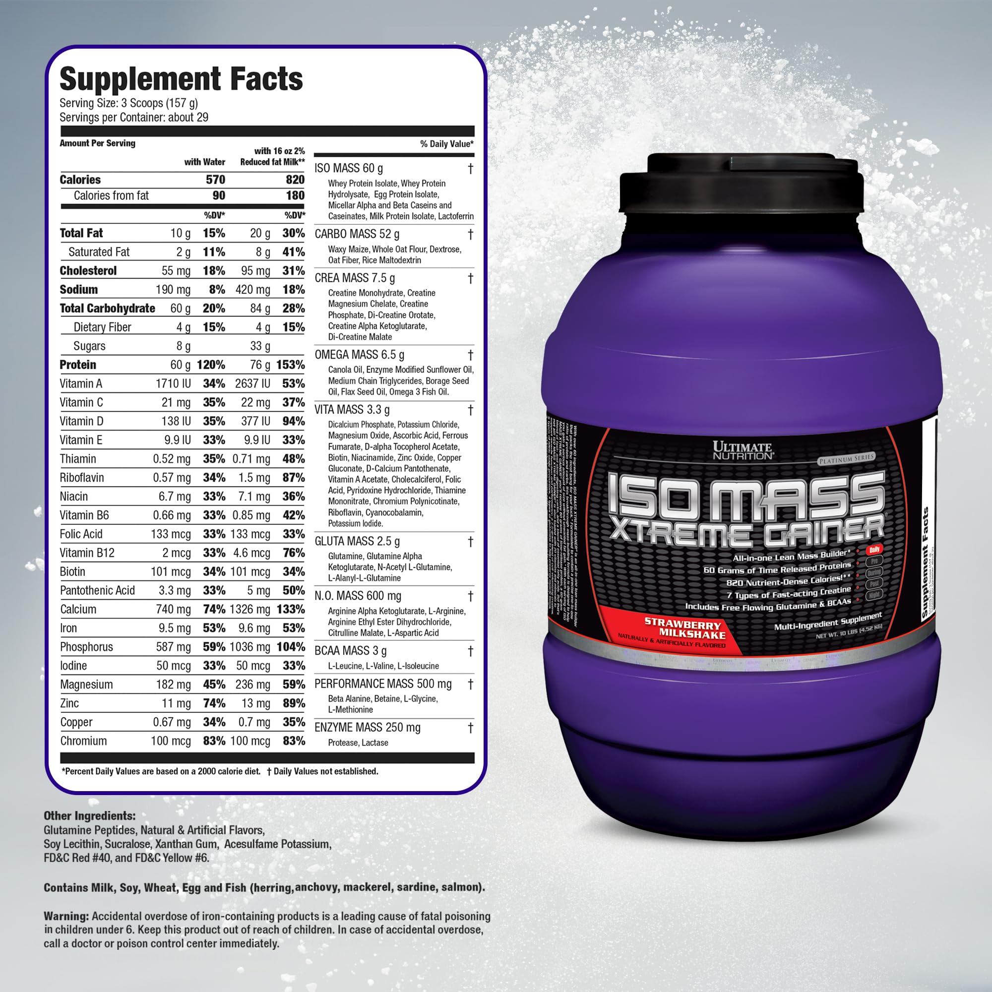Ultimate Nutrition ISO Mass Xtreme Gainer - High-Calorie Weight Gain Protein Powder with Creatine & Whey Isolate for Muscle Growth, Lean Mass Building & Bulking - Strawberry Milkshake Flavor, 10lbs - Perfect for Post-Workout Recovery & Bodybuilding Nutrition