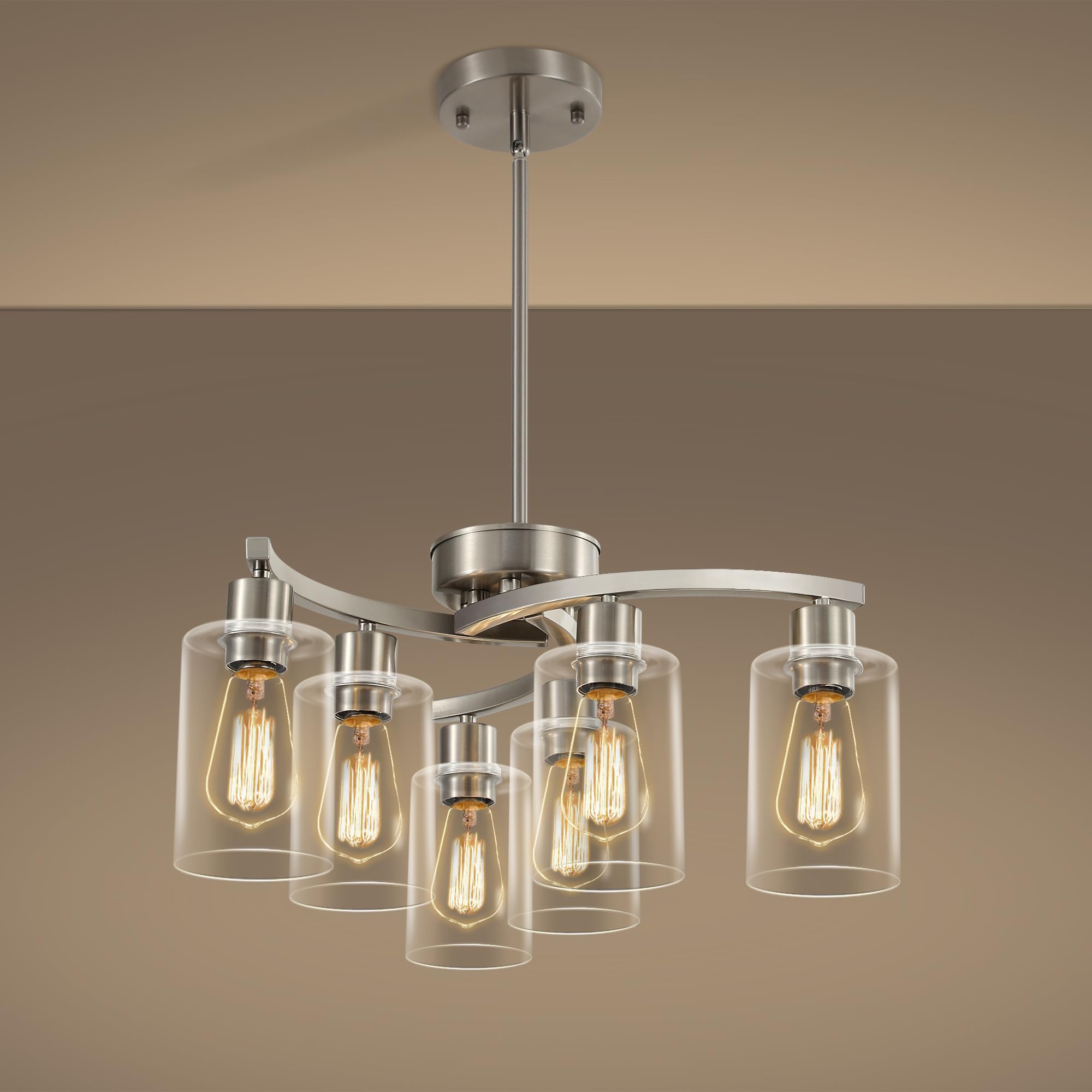 6-Light Brushed Nickel Chandelier - Adjustable Height Industrial Pendant Lighting with Clear Glass Shade for Dining Room, Kitchen Island & Bedroom | Perfect for Modern Farmhouse, Loft & Industrial Style Decor