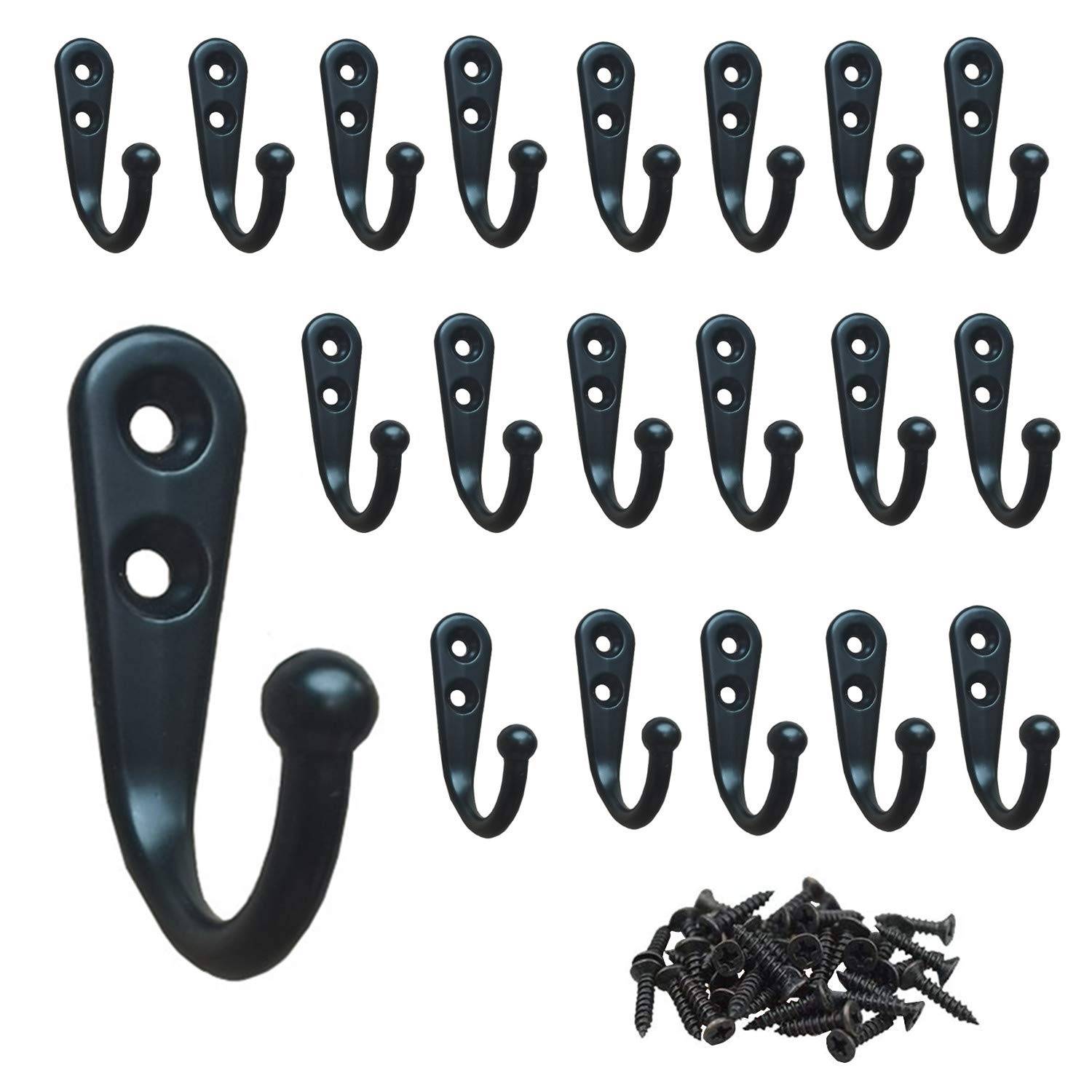 40 Pack Small Black Wall Mounted Coat Hooks - Vintage Style Double Hole Metal Hangers for Robes, Keys & Jewelry (Includes 80 Screws) - Perfect for Bedroom, Bathroom, Entryway & Closet Organization