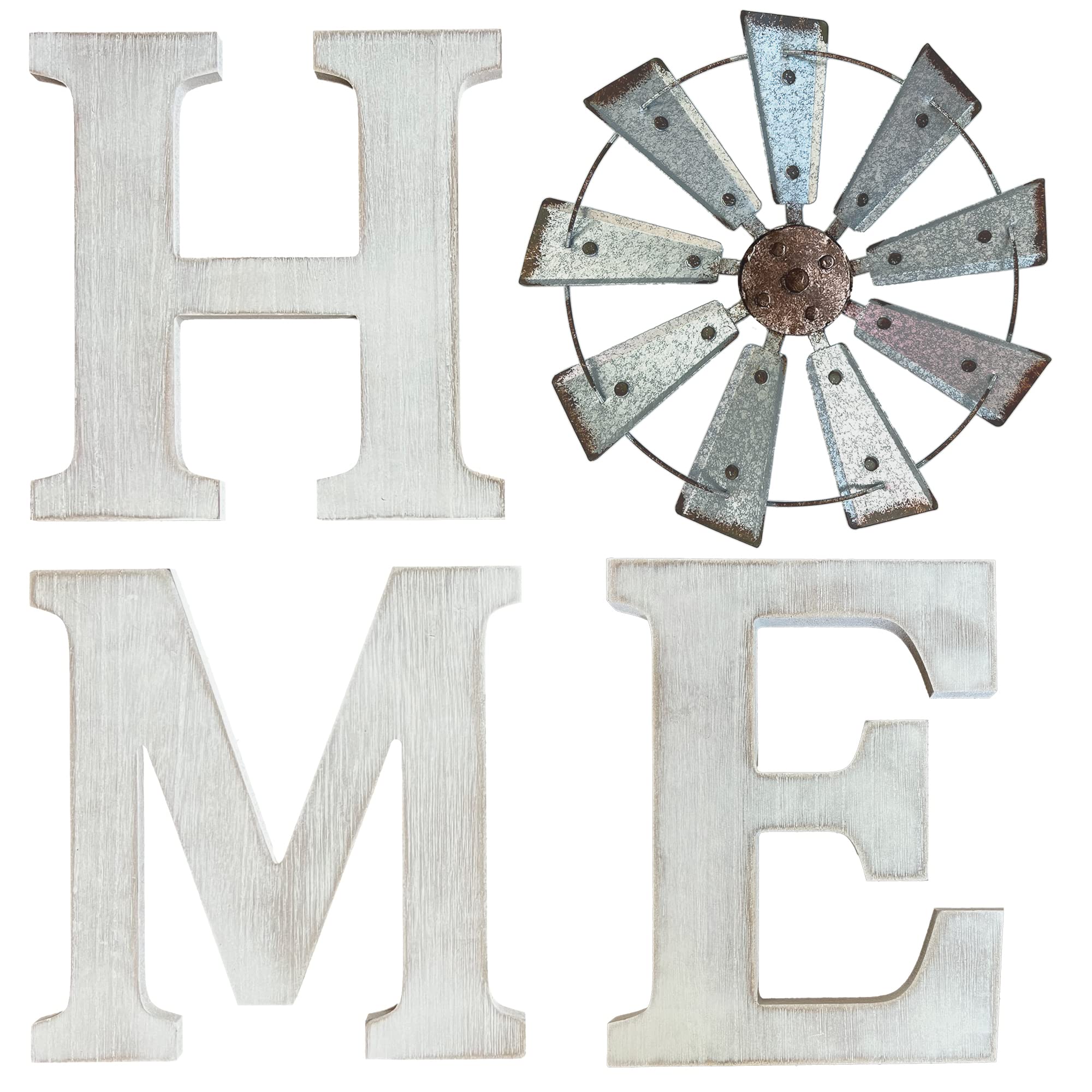 Rustic Farmhouse Wall Decor - Vintage White Wood Letters with Metal Windmill Sign | Country Style Home Decor | Perfect for Living Room, Bedroom, or Entryway Wall Hanging