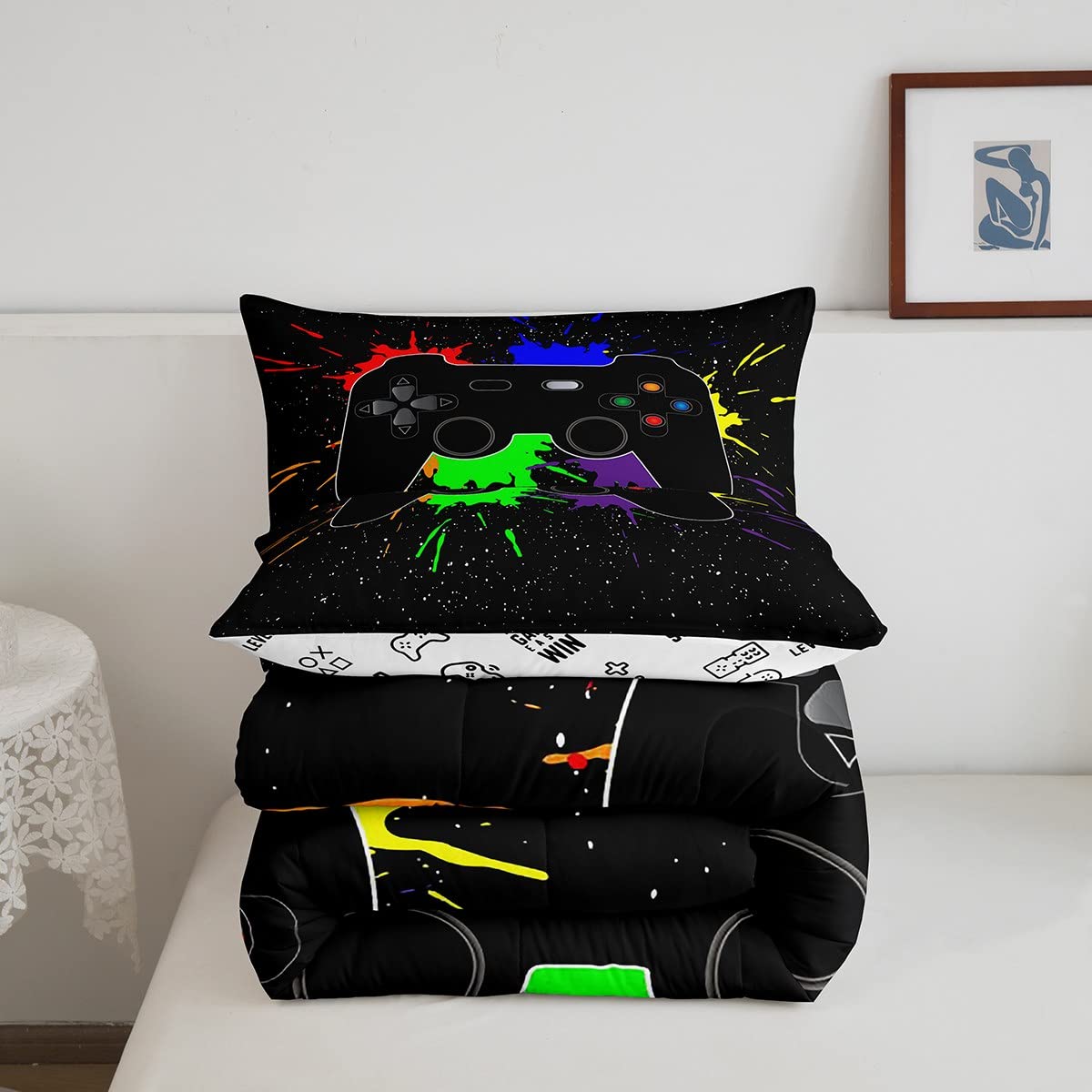 Erosebridal Twin Gaming Bedding Set for Boys - Watercolor Print Comforter & Sheet Set - Perfect for Kids' Bedrooms, Gaming Rooms & Toddler Beds