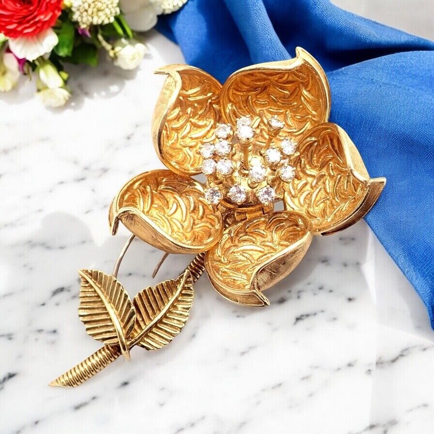 Hammerman Brothers 18k Yellow Gold Diamond Rose Flower Brooch Pin - Elegant Day & Night Jewelry for Women, Perfect for Weddings, Parties & Special Occasions