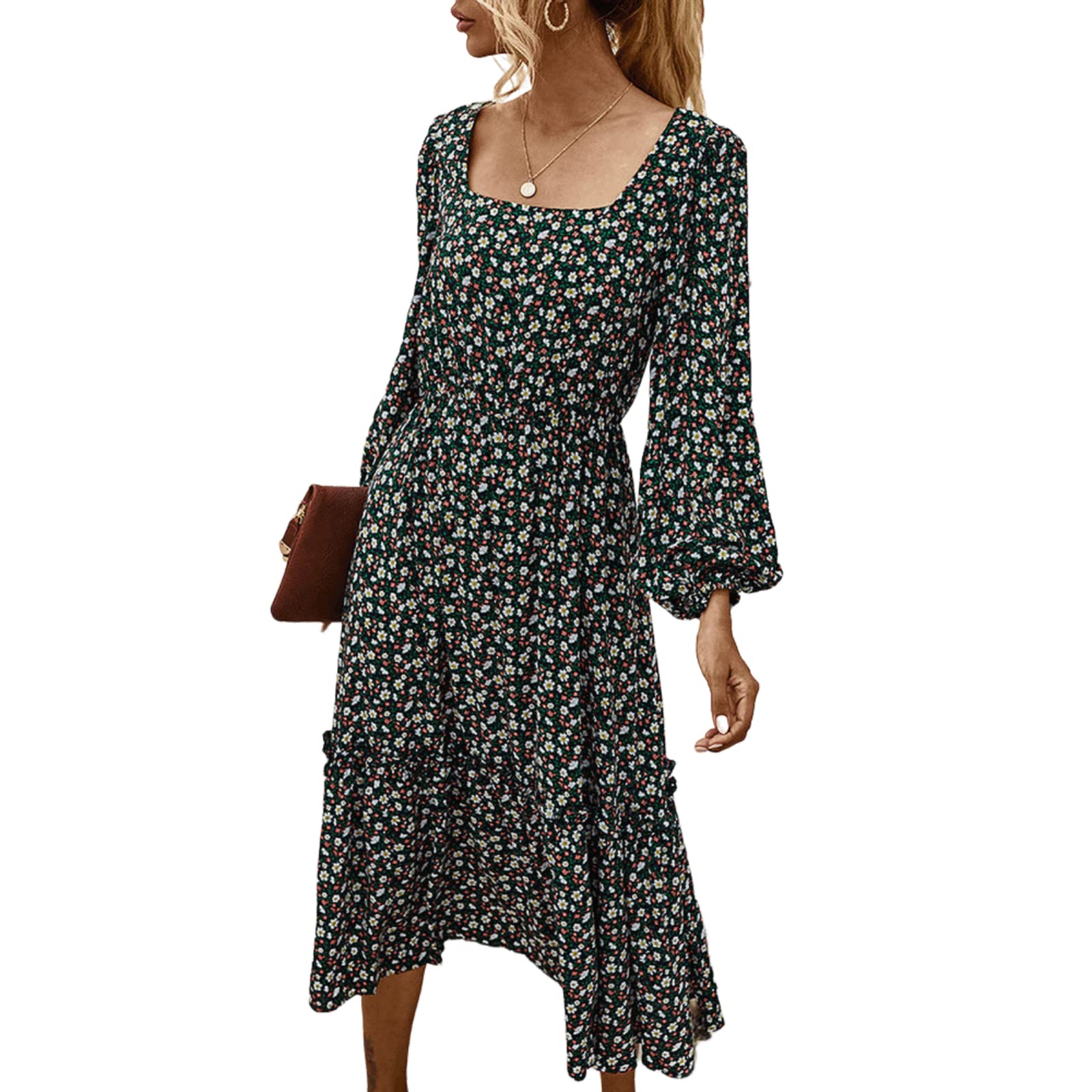 Women's Boho Floral Midi Dress with Puff Sleeves - Square Neck Ruffled Summer Dress, High Waist Pleated Casual Dress for Spring & Summer | Perfect for Beach Vacations, Garden Parties & Date Nights