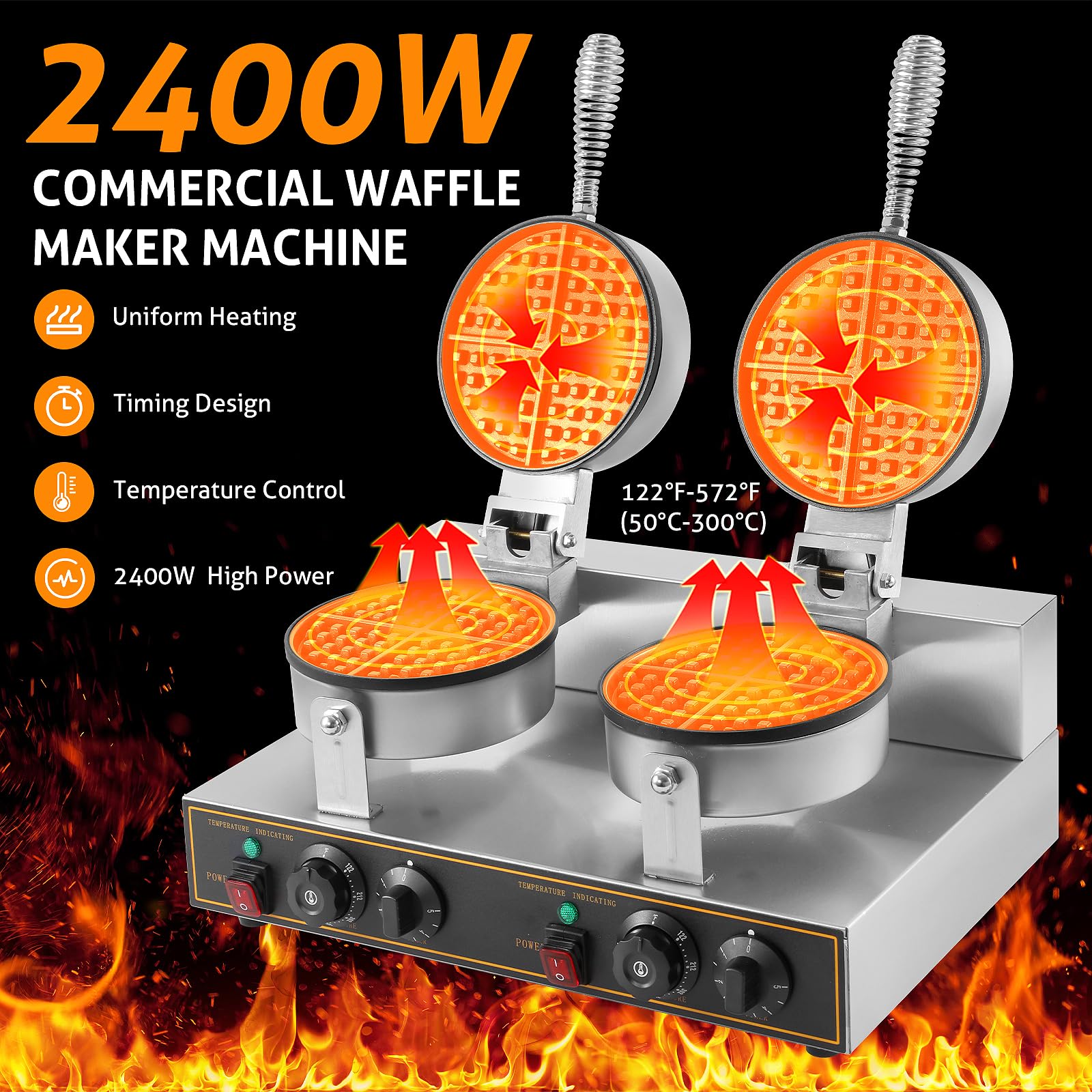 Professional Double Head Waffle Maker Machine 2400W - Commercial Grade Non-Stick Round Waffle Iron 110V for Bakery, Restaurant, Snack Bar & Home Use - Perfect for Breakfast, Brunch & Dessert Making