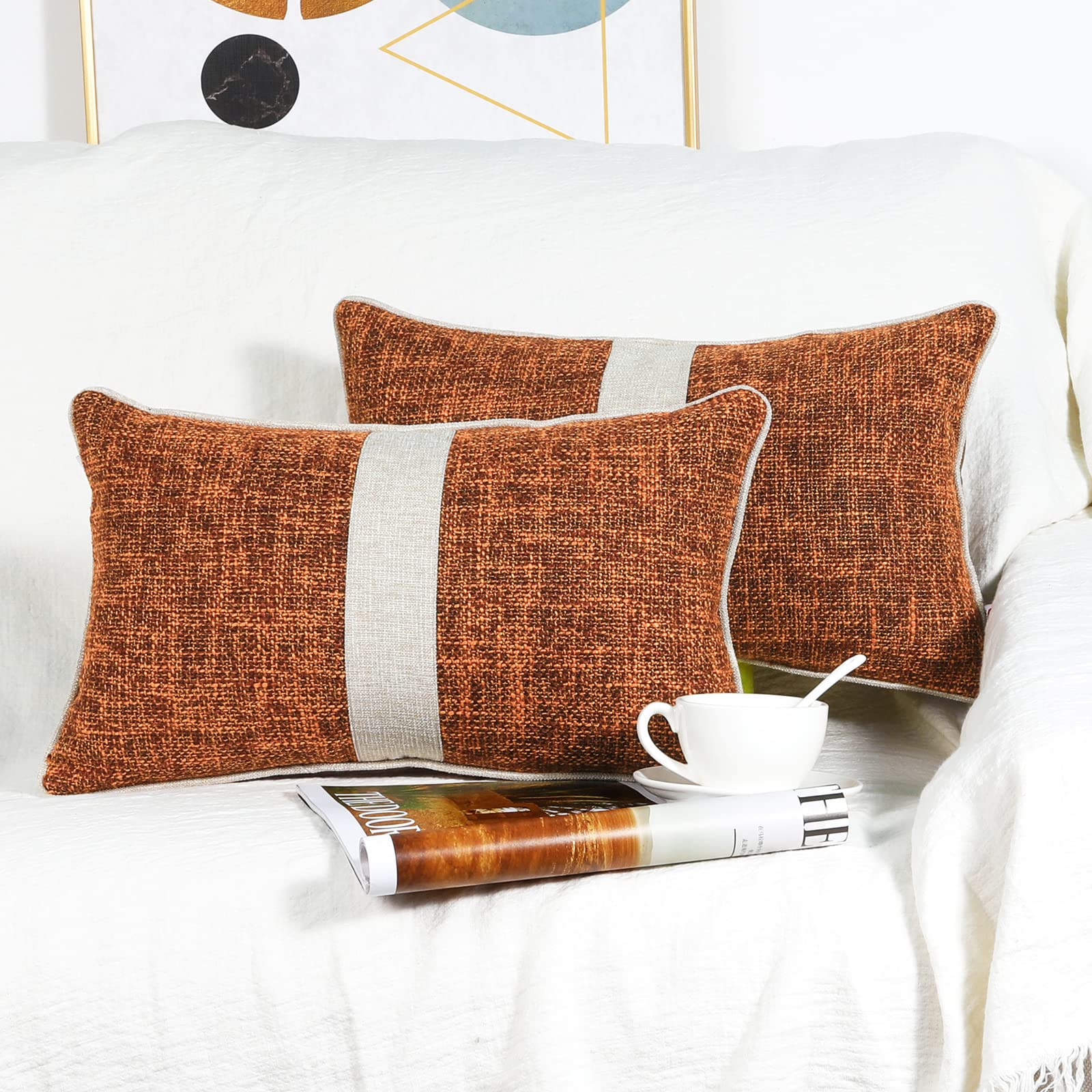 2 Pack 12x20 Inch Orange Linen & Brown Faux Leather Patchwork Lumbar Pillow Covers - Farmhouse Modern Decorative Throw Pillow Cases for Couch, Bed, Sofa, Chair - Perfect for Living Room, Bedroom & Home Decor