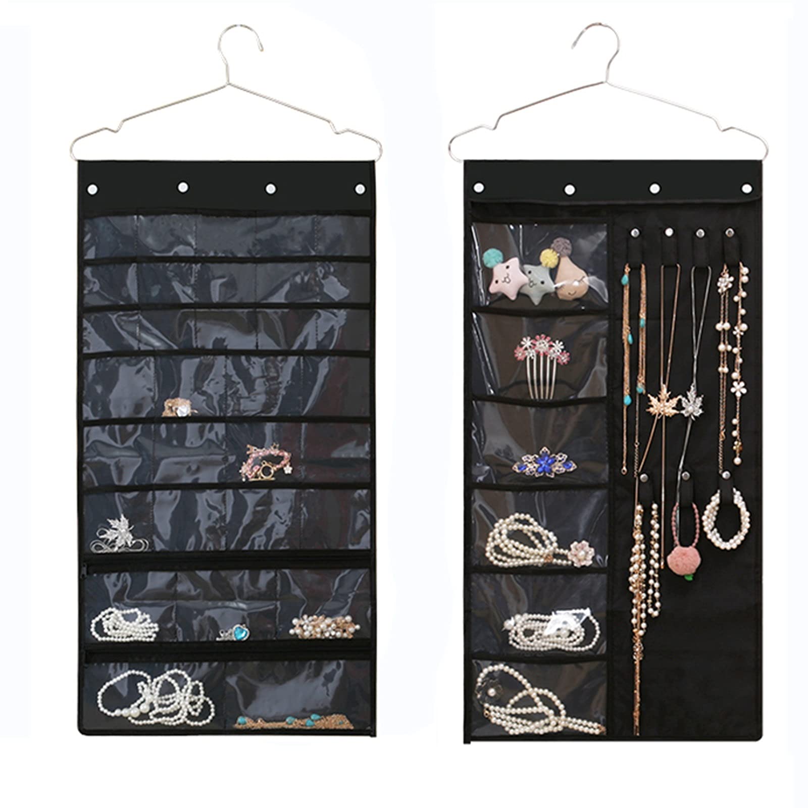Dual-Sided Hanging Jewelry Organizer with 38 Pockets & 7 Hook Loops - Large Wall/Door Necklace Storage Bag with Hanger - Perfect for Earrings, Bracelets & Rings Display - Ideal for Closet, Bedroom & Travel Organization