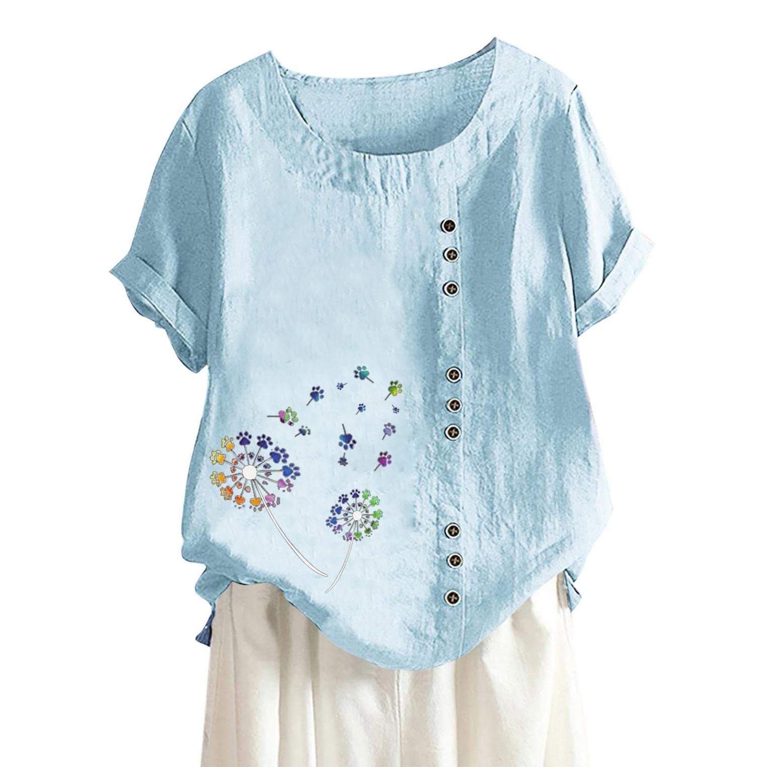 Women's Summer Tops - 100% Cotton Linen Crewneck Dandelion Print Tunic Tee Shirt | Casual Basic Blouse for Women | Perfect for Beach, Vacation & Everyday Wear