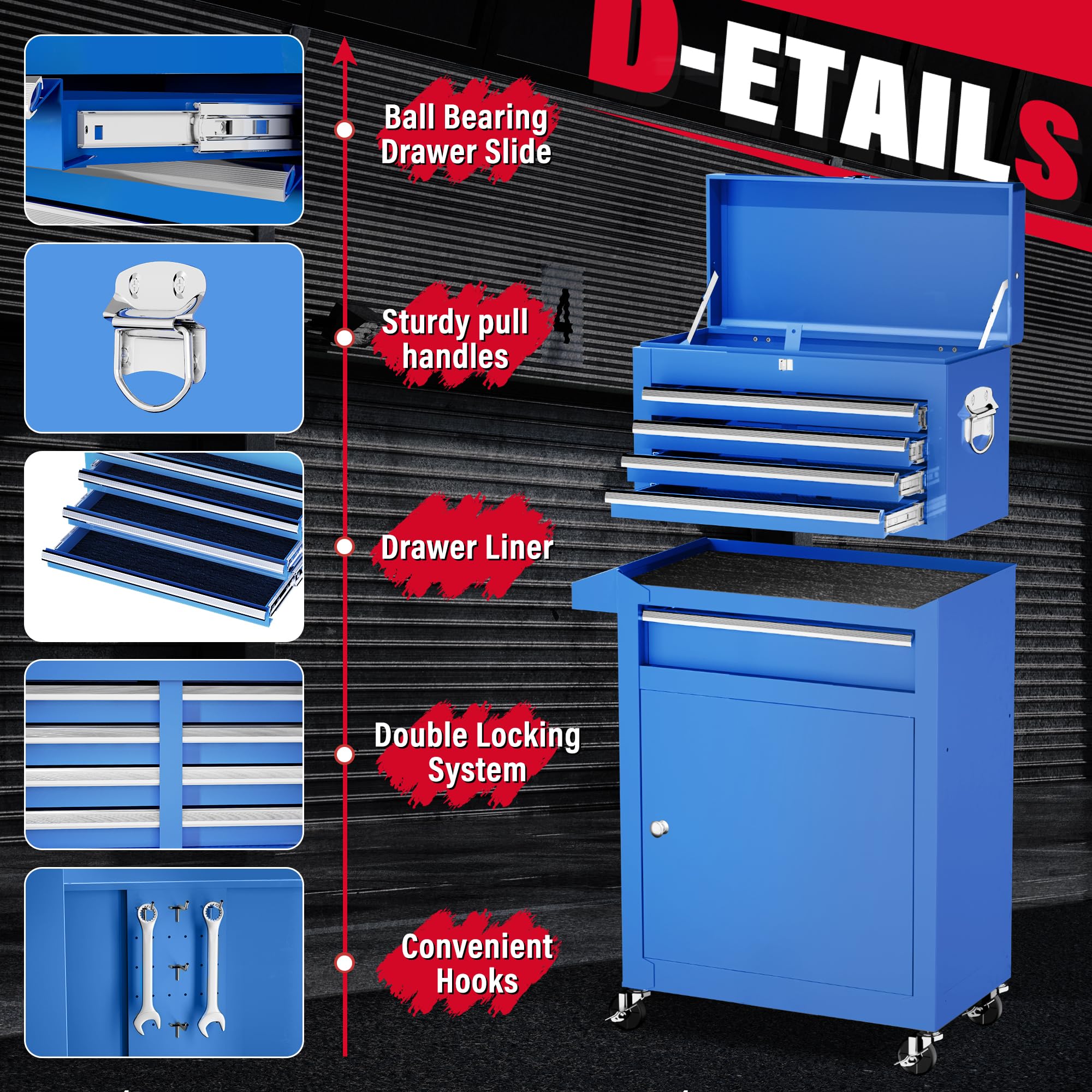 Greenvelly 5-Drawer Rolling Metal Tool Chest with Wheels, 2-in-1 Detachable Tool Cabinet, Locking System & Liners - Heavy Duty Garage Storage for Workshop, Warehouse, Barber Shop (Blue) - Perfect for Mechanics, DIY Enthusiasts & Professional Tradesmen