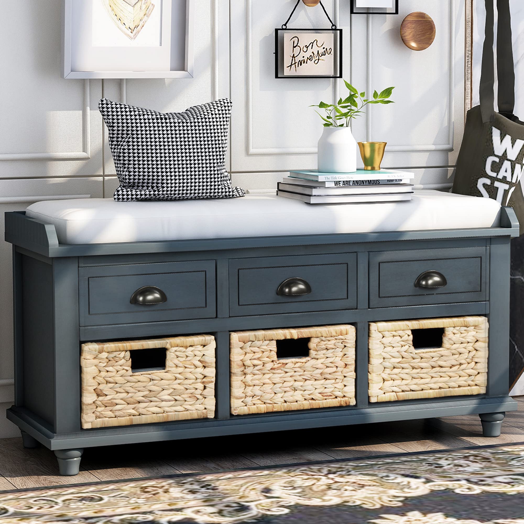 Rustic Wood Entryway Storage Bench with Removable Cushion, 3 Drawers & 3 Rattan Baskets - Antique Navy Hallway Bench for Bedroom, Living Room & Entrance Decor
