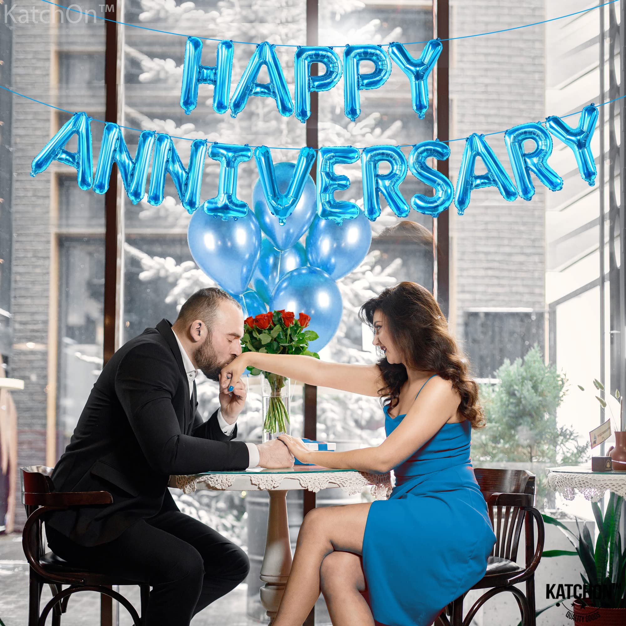 KatchOn Blue Happy Anniversary Balloons - 16 Inch Large Foil Balloons with Banner & Backdrop for Anniversary Party Decorations, Wedding, Birthday & Special Events
