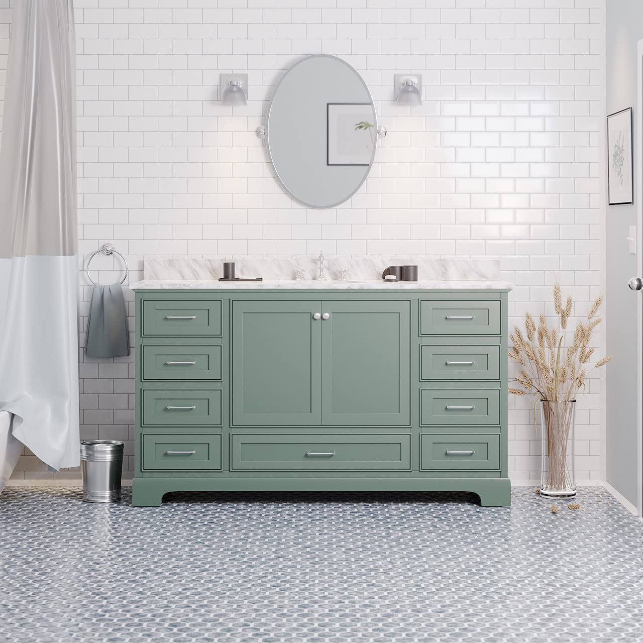 Harper 60-inch Single Bathroom Vanity with Carrara Marble Top & Sage Green Cabinet - Includes White Ceramic Sink | Modern Bathroom Furniture for Master Bath, Guest Bath & Powder Room | Italian Marble Countertop Vanity Set