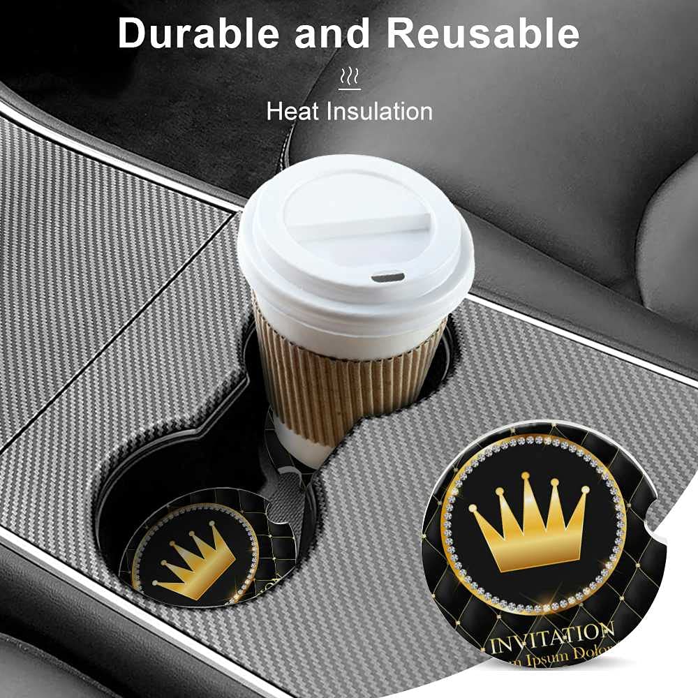 Luxury Golden Crown Print Ceramic Car Coasters - 6PCS Absorbent Stone Cup Holders with Non-Slip Rubber Backing for Cars, Home & Office Use