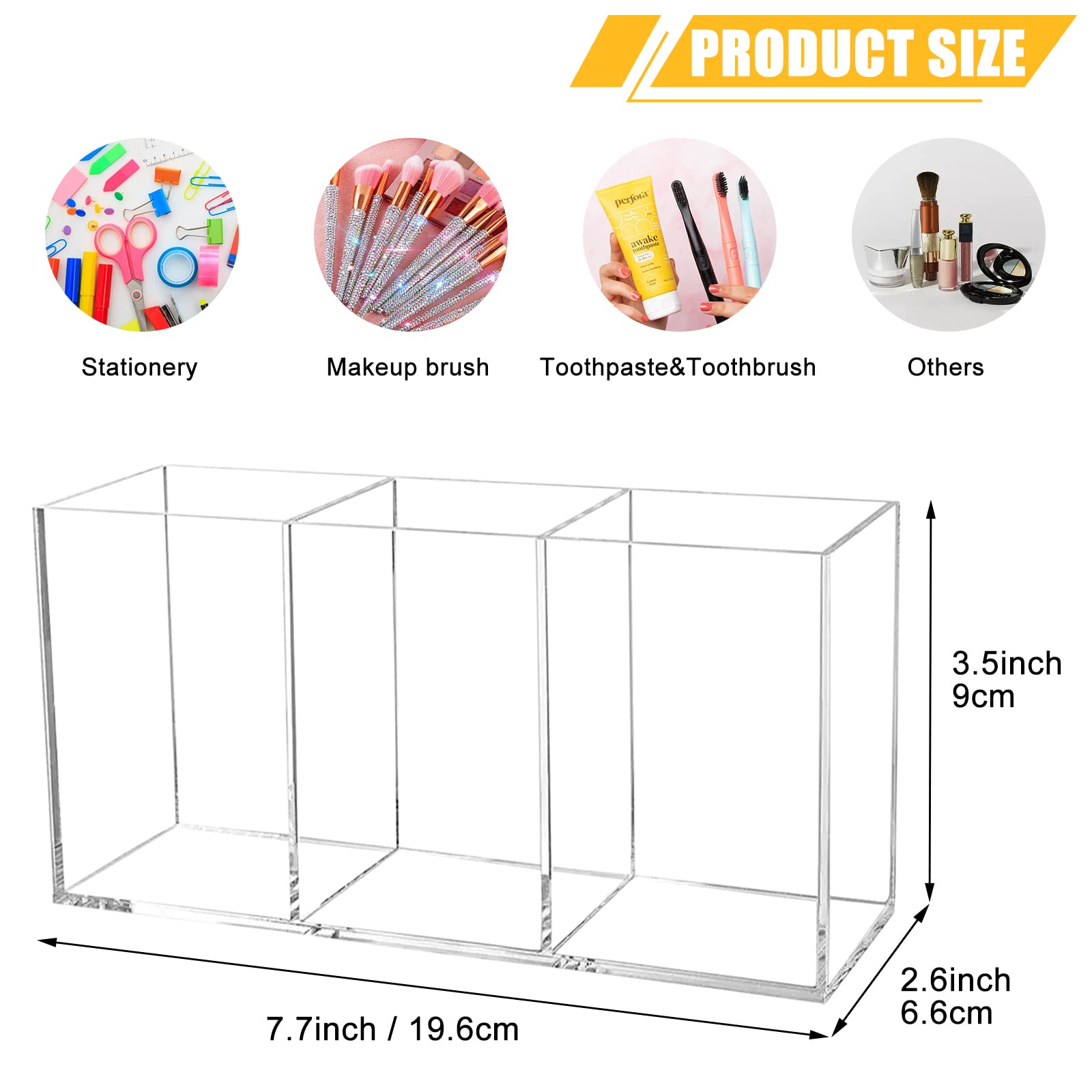 Clear Acrylic Makeup Brush Organizer - 3-Slot Cosmetic Brush Storage Holder with Pencil Pen Compartment | Perfect for Vanity, Desk Organization & Beauty Accessories Storage