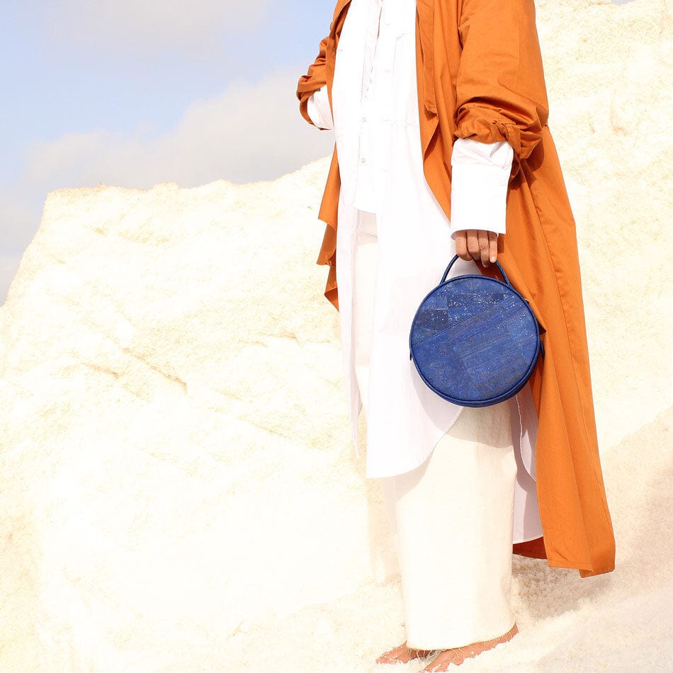 Handmade Vegan Cork Round Shoulder Bag for Women - Navy Blue | Eco-Friendly Fashion Accessory for Work, Travel & Everyday Use