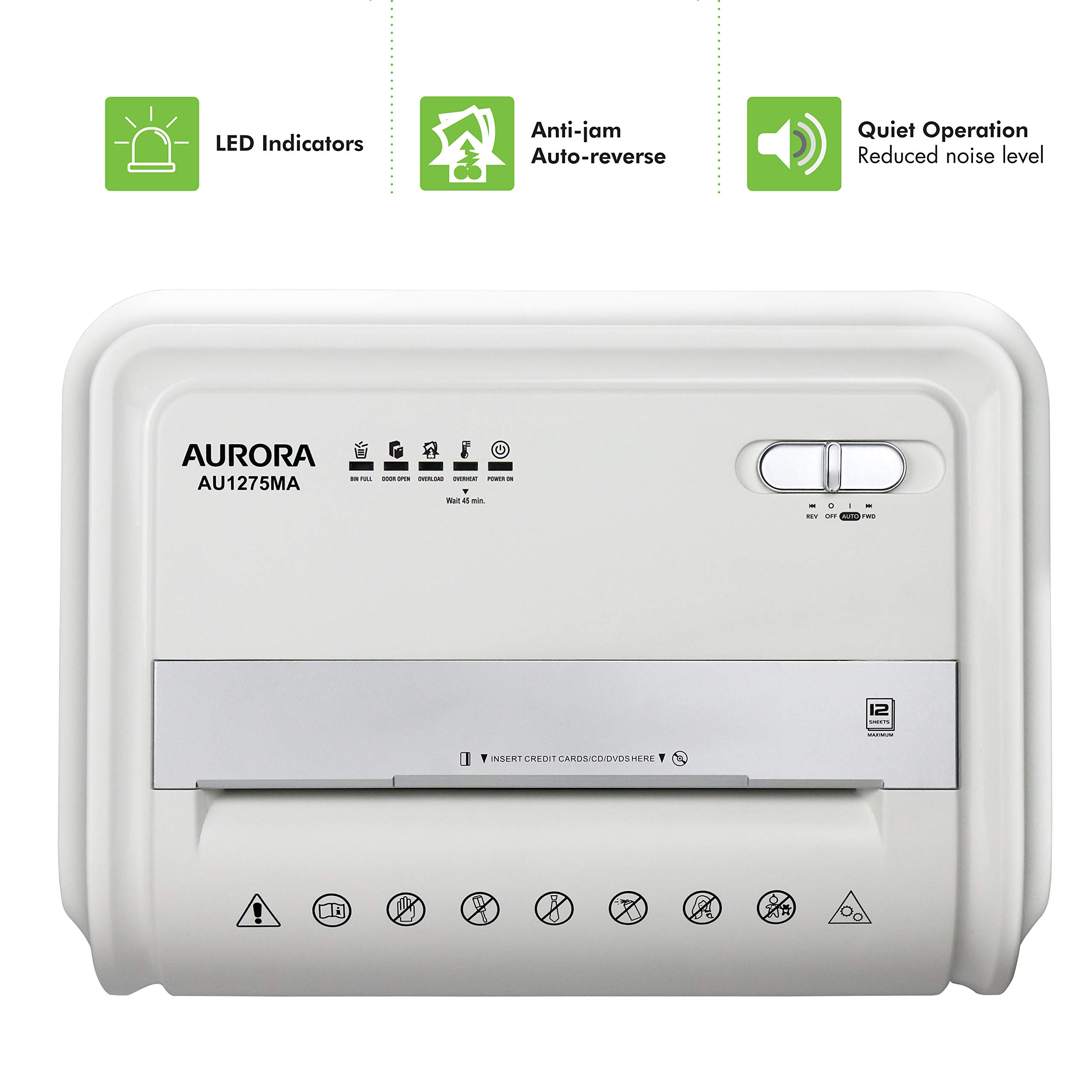 Aurora AU1275MA Professional 12-Sheet Micro-Cut Paper Shredder with CD/Credit Card Slot - 60 Min Continuous Run, White/Gray - Ideal for Home Office & Small Business Document Security