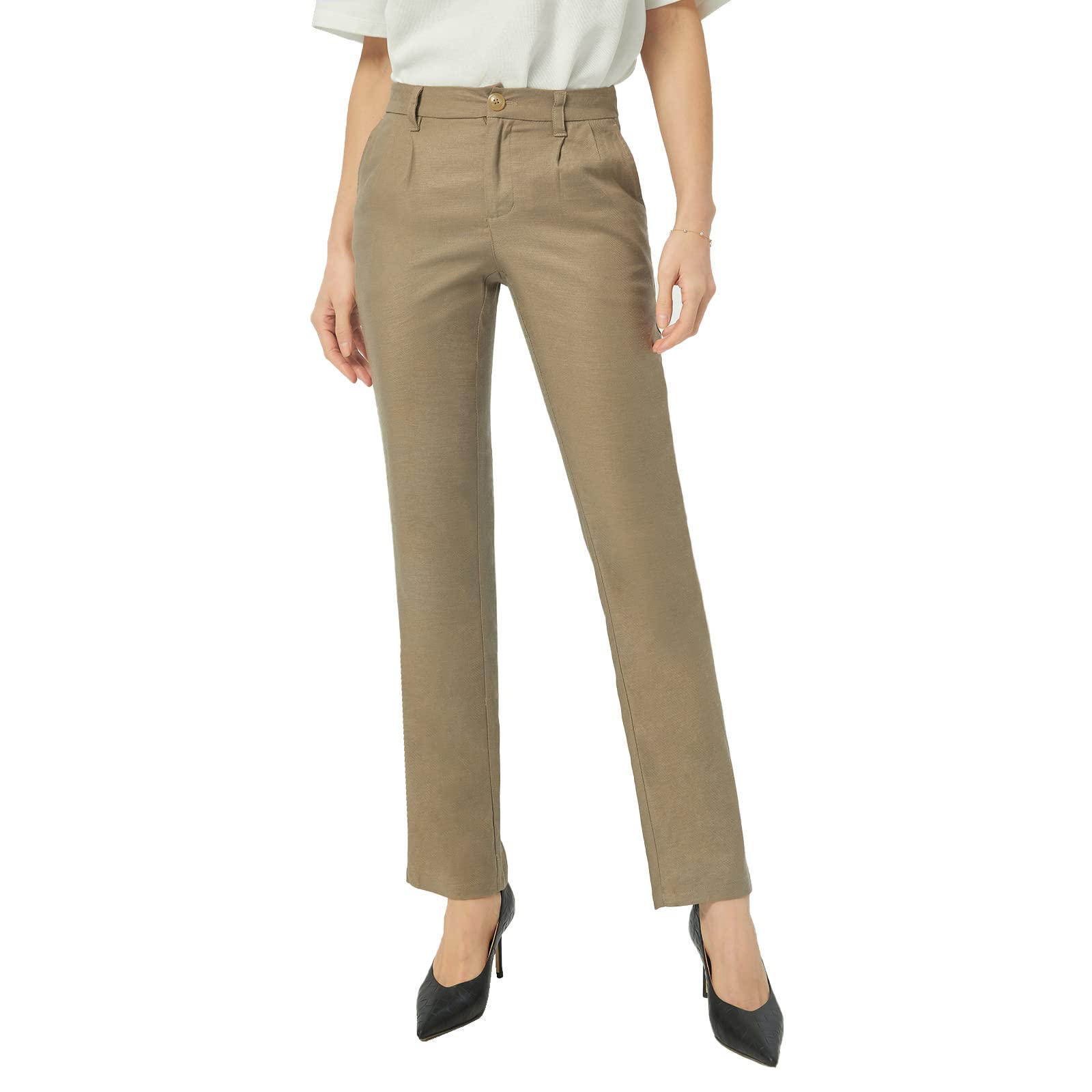 Women's Linen Blend Straight Leg Pants - Relaxed Fit Comfortable Trousers with Pockets for Work, Travel & Everyday Wear | Breathable Summer Casual Pants