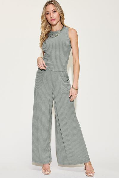 Basic Bae Full Size Ribbed Tank Top and Wide Leg Pants Set - Women's Casual Lounge Outfit for Home, Yoga & Streetwear Fashion