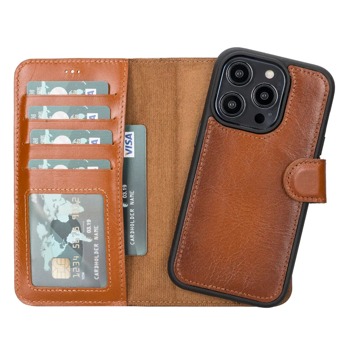 Premium Burnished Tan Leather Wallet Case for iPhone 14 Pro - Slim Protective Cover with Card Slots | Perfect for Everyday Use, Travel & Business