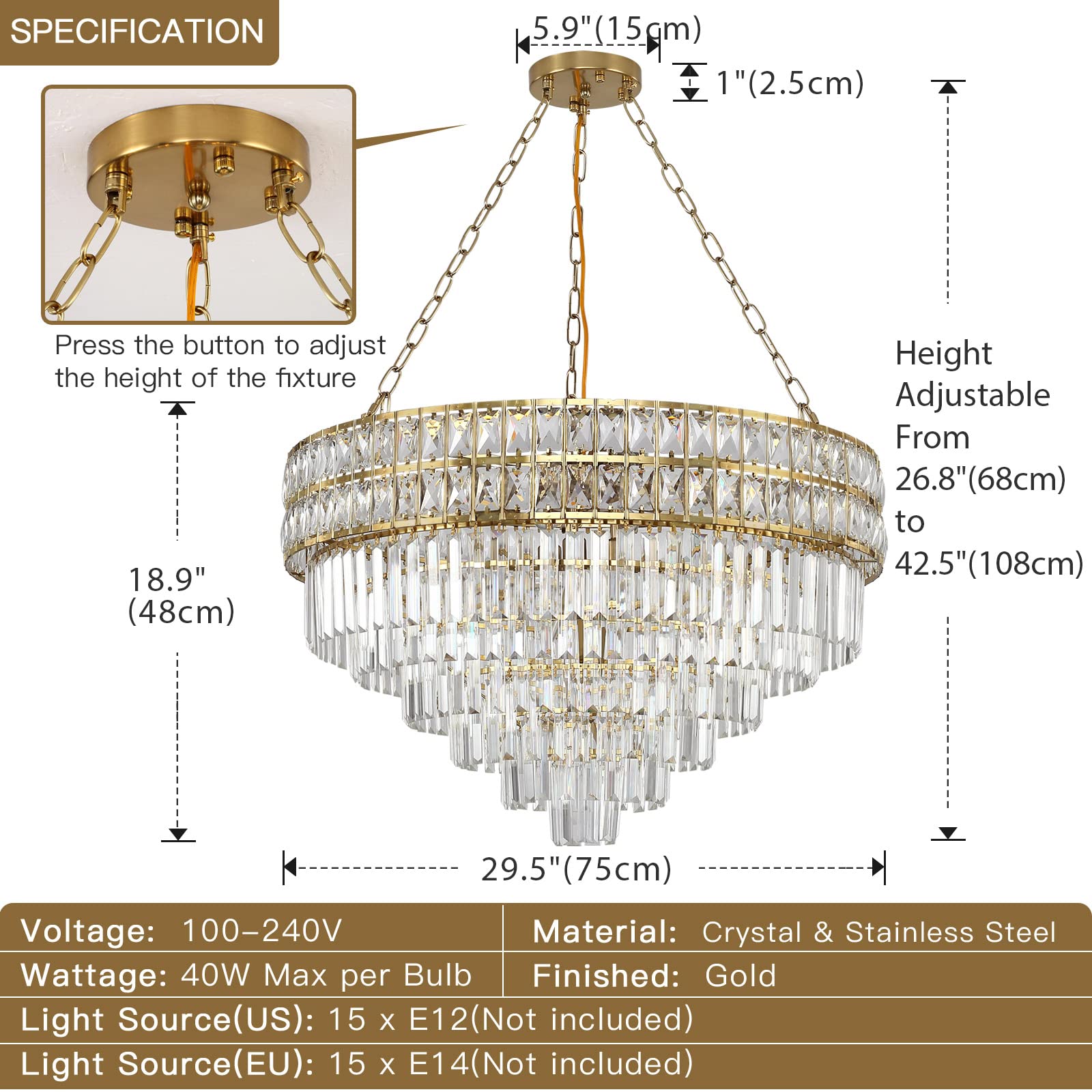 Elegant Modern Crystal Chandelier with Gold Finish - 75cm Round Pendant Light Fixture for Living Room, Dining Room & Restaurant Decor | E14 Base x 15 Lights | Perfect for Wedding Venues, Luxury Homes and Hotel Lobbies