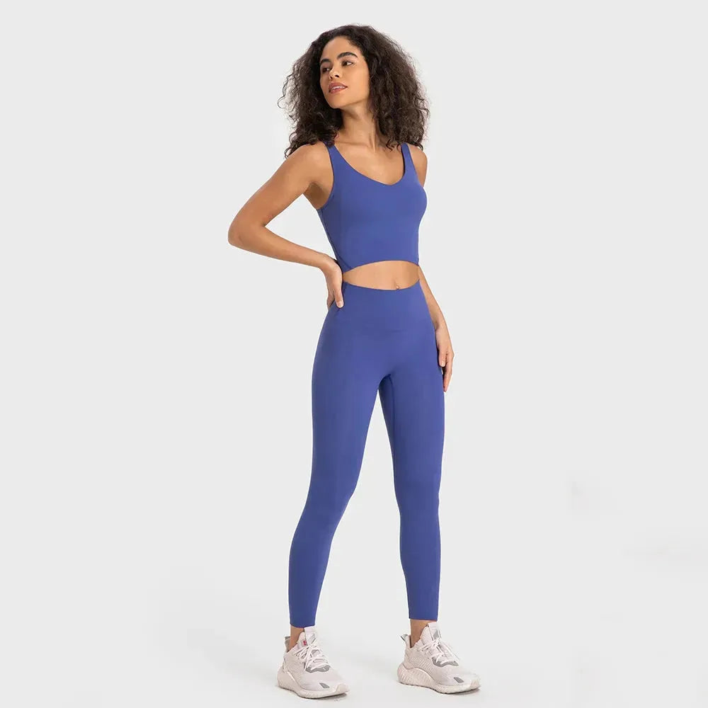 Women's 2-Piece Stretch Nylon Spandex Workout Outfit - Padded Crop Tank Bra & High Waist Yoga Leggings Set for Gym, Running & Yoga | Comfortable Tracksuit for Fitness & Active Lifestyle