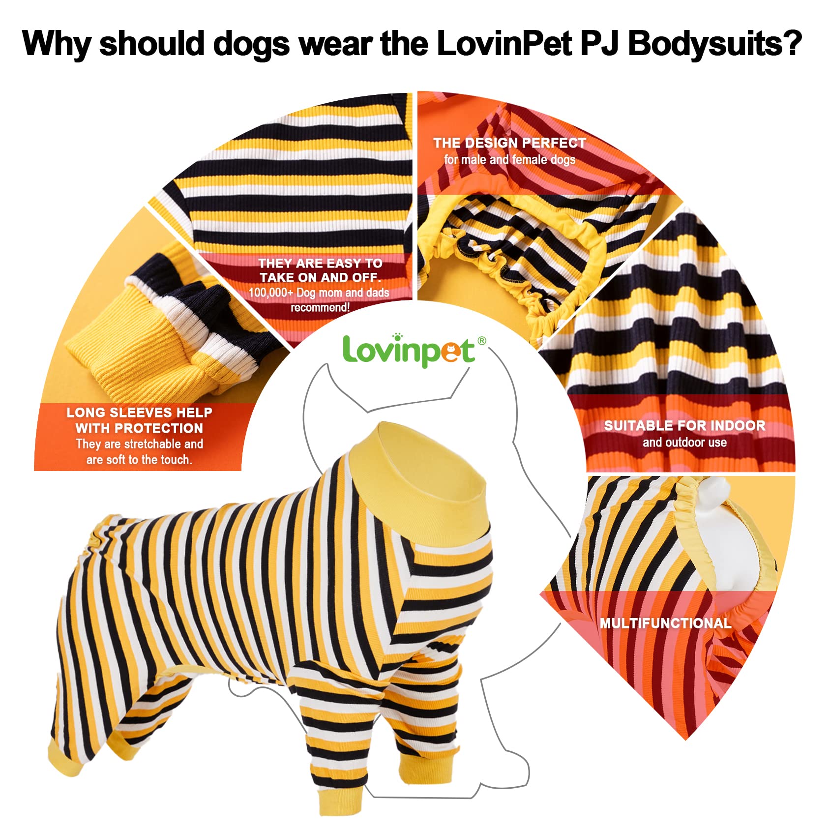 LovinPet Big Dog Pajamas - Soft Cotton Black & Yellow Striped Dog Shirt | Full Coverage Onesie for Large Breed Dogs | Cozy Pet PJs for Medium to Large Dogs | Perfect for Winter Nights & Indoor Lounging