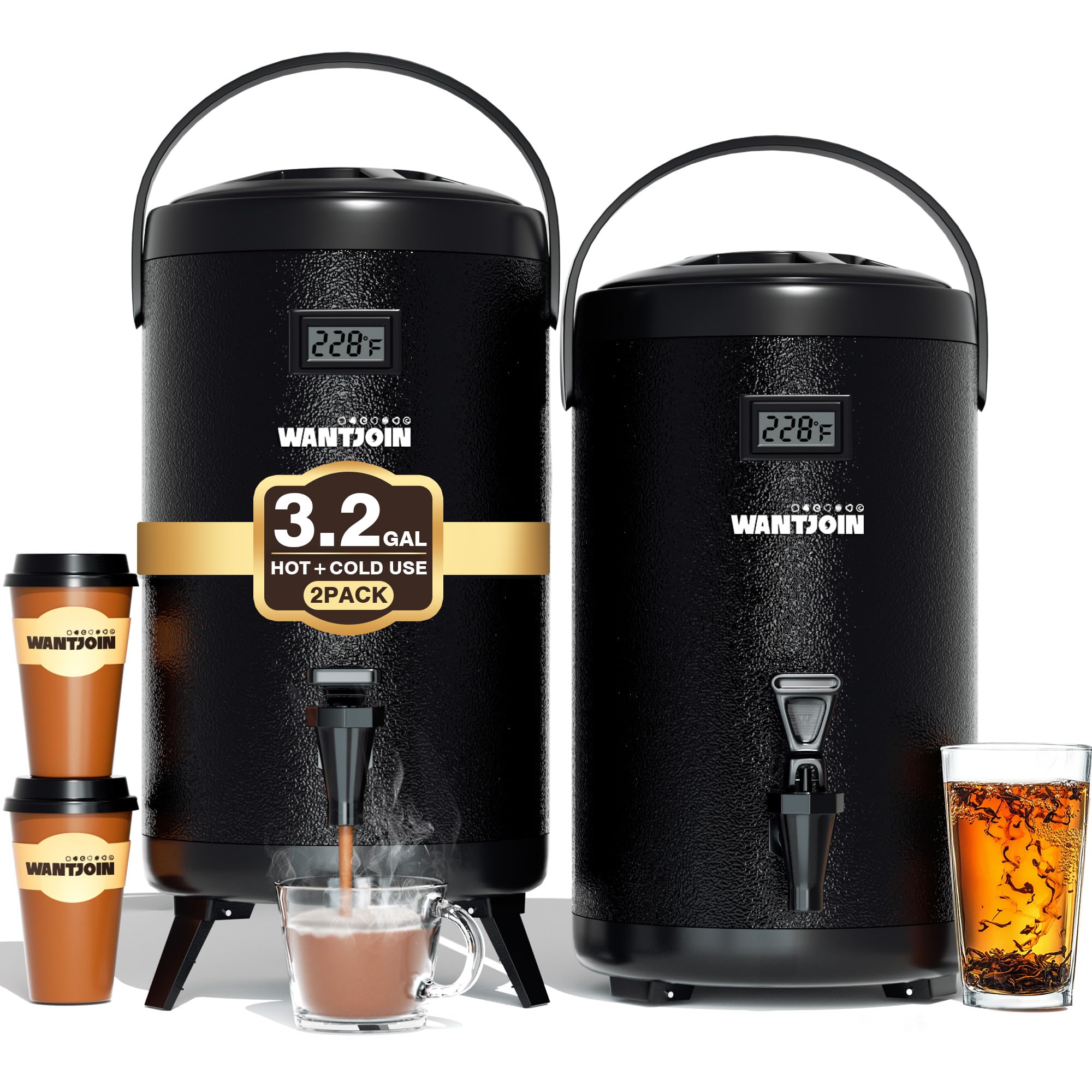 WantJoin 2-Pack 12L/3.2Gal Insulated Stainless Steel Beverage Dispenser - Hot & Cold Thermal Drink Dispenser for Coffee, Tea, Milk, Juice - Perfect for Parties, Events, Catering & Office Use