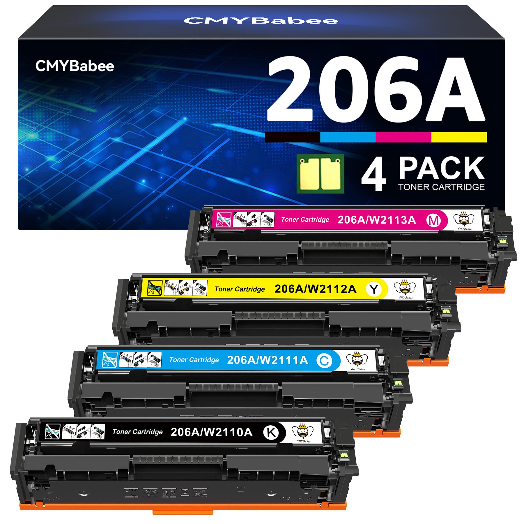 High-Yield CMYBabee Compatible Toner Cartridge Replacement for HP 206A/206X - Works with Color LaserJet Pro MFP M283fdw/M283cdw/M283fdn/M282mw & Pro M255dw/M255nw (4-Pack, BCMY) - Perfect for Home Offices & Small Business Printing Needs