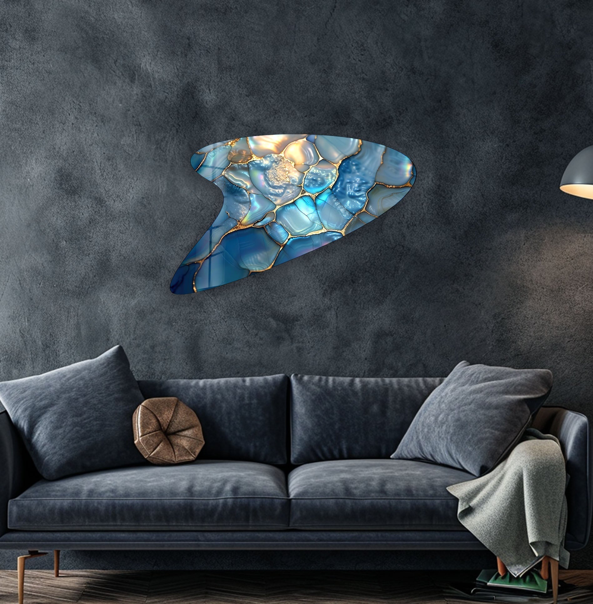 Abstract Blue Marbled Glass Wall Art - Modern Handmade Home Decor for Living Room, Bedroom & Office - Unique Textured Glass Panel for Contemporary Interior Design