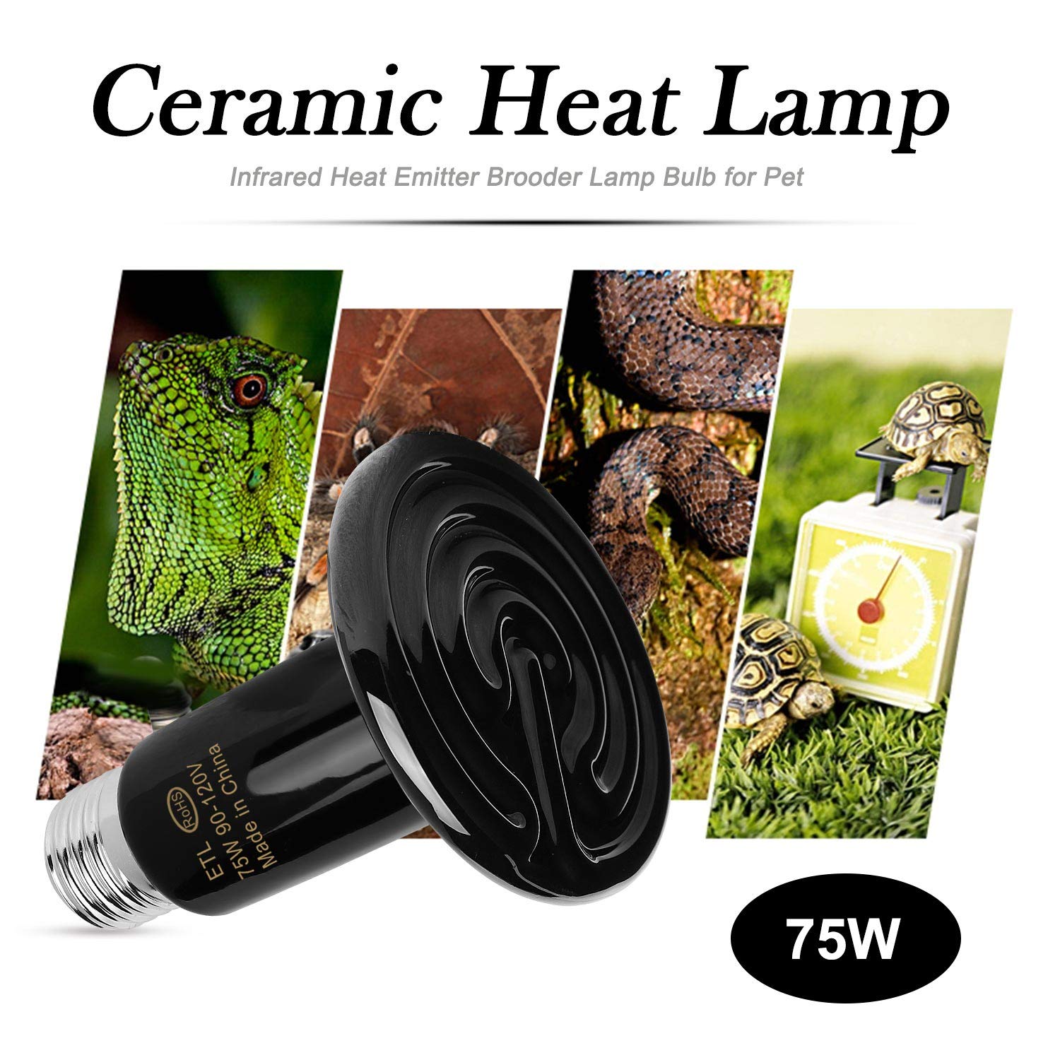 OMAYKEY 2-Pack 75W Ceramic Heat Emitter Bulbs with Digital Thermometer - Infrared Reptile Heat Lamp for Lizards, Turtles, Snakes, Amphibians & Chicken Coops - No Light Emission, Safe for Night Use - Perfect for Terrariums, Aquariums & Brooder Boxes