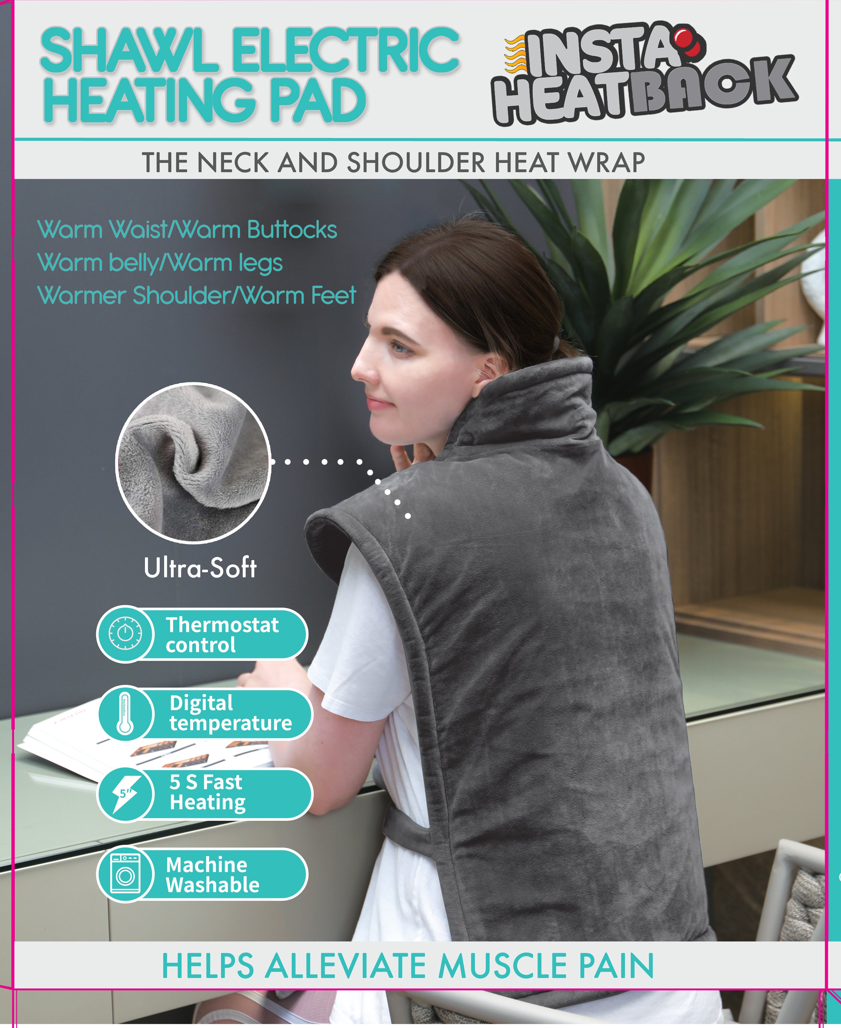 INSTA HEAT BACK Heating Pad - Fast Heating, Soft Micro Plush, 6FT Long Power Cord for Full Coverage - Electric Heating Pad for Back Pain Relief, Muscle Relaxation - Perfect for Home, Office & Car Use