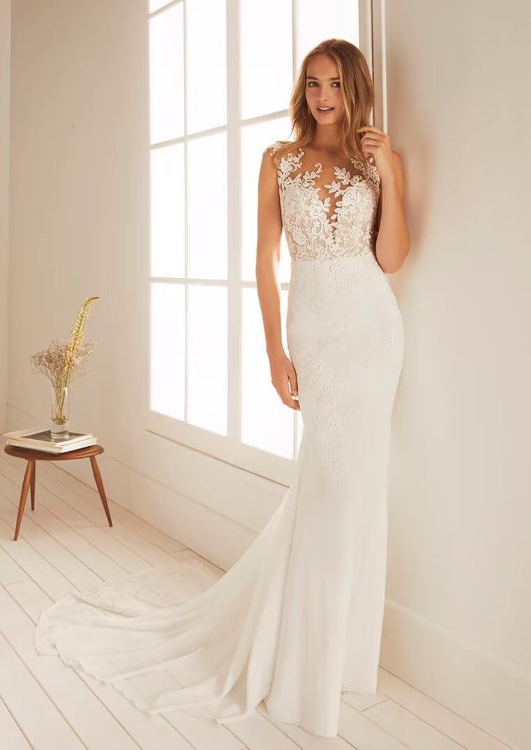 Elegant Lace Mermaid Wedding Dress for Bride - Floral Backless Boho Bridal Gown for Beach, Destination & Outdoor Weddings | Perfect for Romantic Seaside Ceremonies
