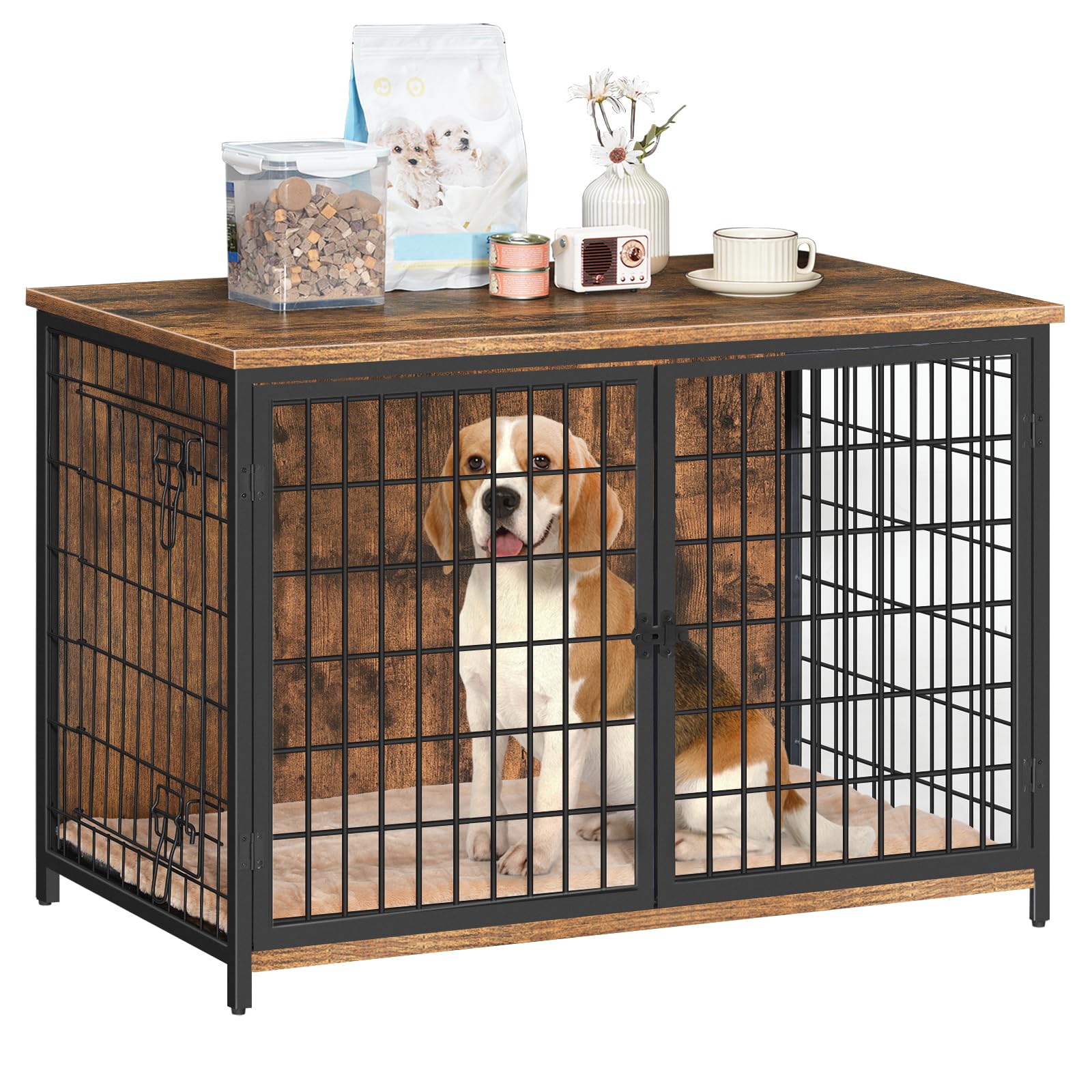 Wooden Dog Crate Furniture with Cushion - Heavy Duty Double Door Dog Kennel for Small Medium Large Dogs - Indoor Dog House End Table 39.4 Inch Rustic Brown DCHR10701 - Perfect for Living Room, Bedroom & Pet-Friendly Home Decor